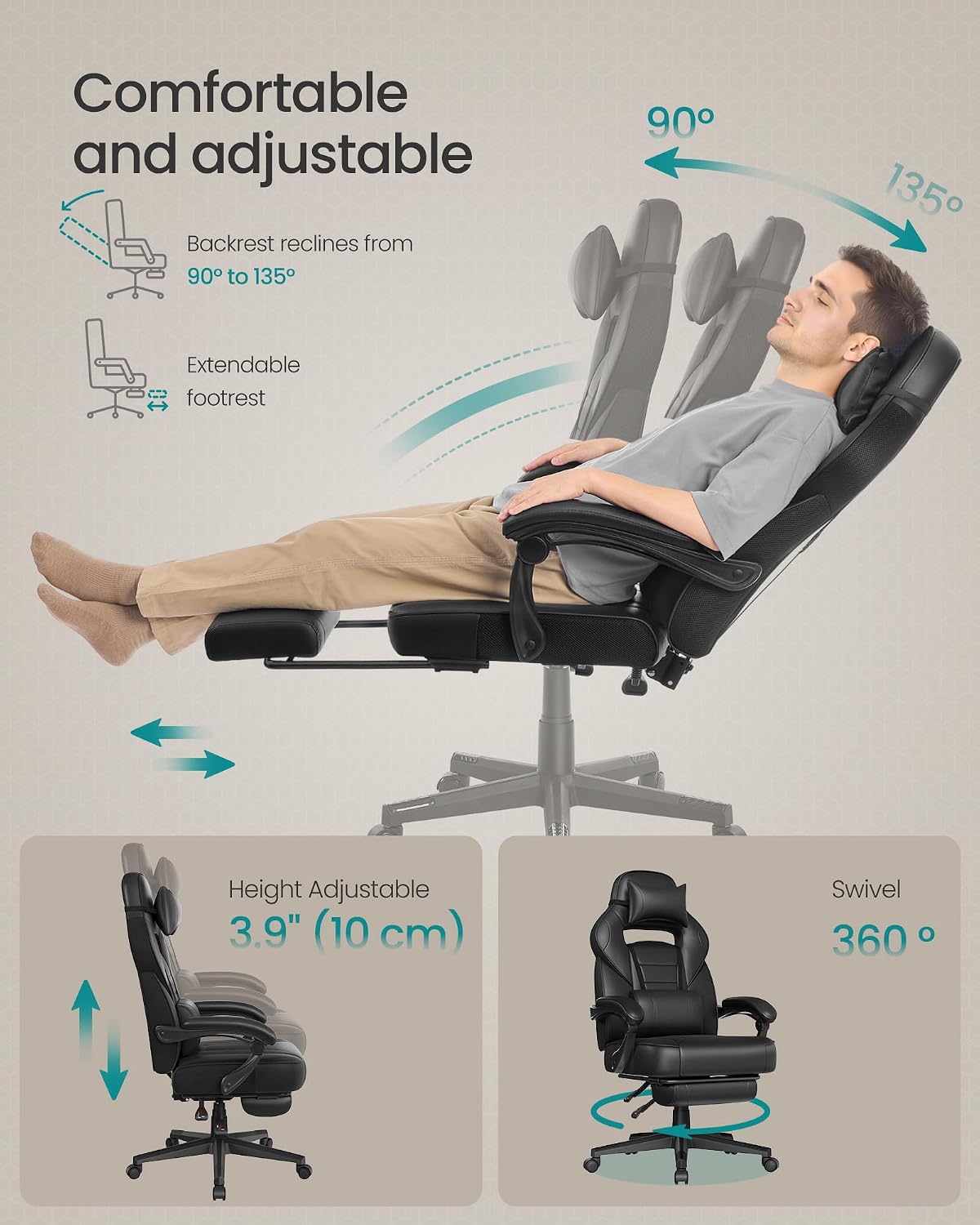 Detalle 2 de SONGMICS Racing Gaming Chair OBG073BH09 with headrest, lumbar support and footrest