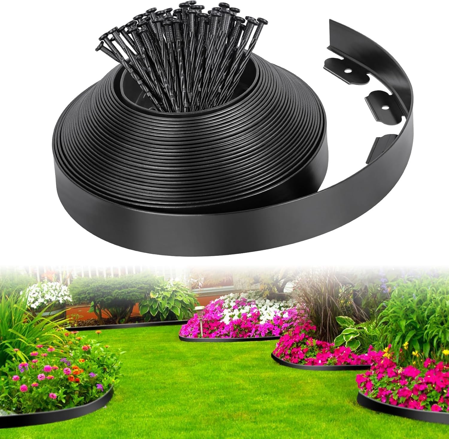 Detalle de Omdekor Flexible Rasenumrandung aus Kunststoff – 15 m x 10 cm, Schwarz inklusive 75 Erdanker