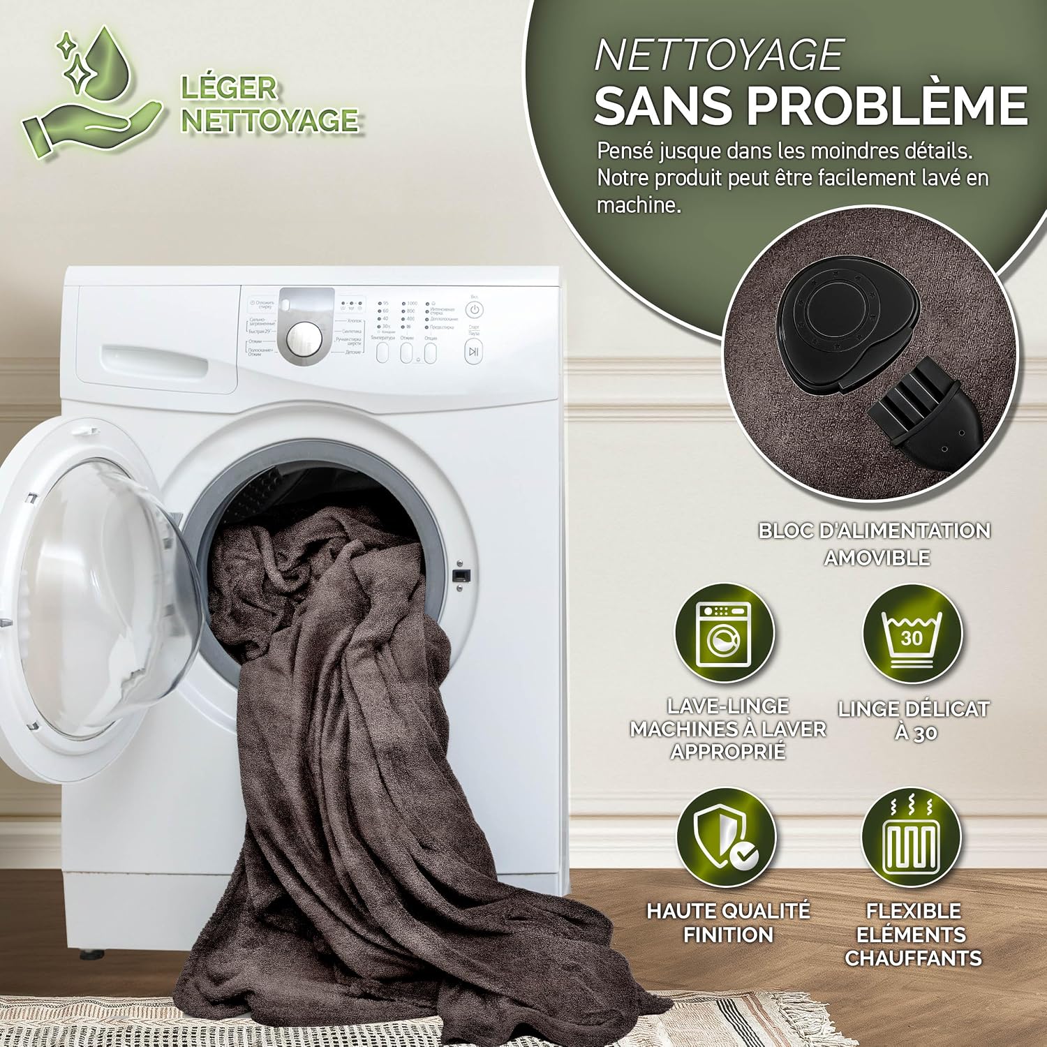 Detalle 2 de sinnlein® Couverture chauffante 180 x 130 cm – chaleur douce, arrêt automatique et lavage en machine