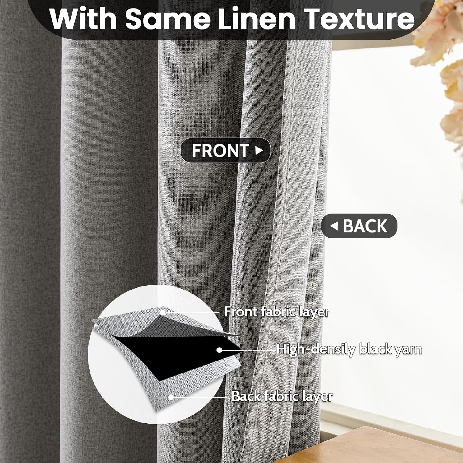 Detalle 2 de COSVIYA 100% Blackout Linen Curtains 72" 2 Panels