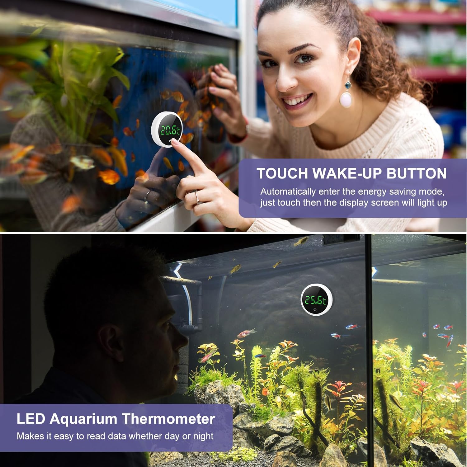Detalle de OQIMAX Digital Aquarium Thermometer with LED Display (stick-on, touch buttons) – White