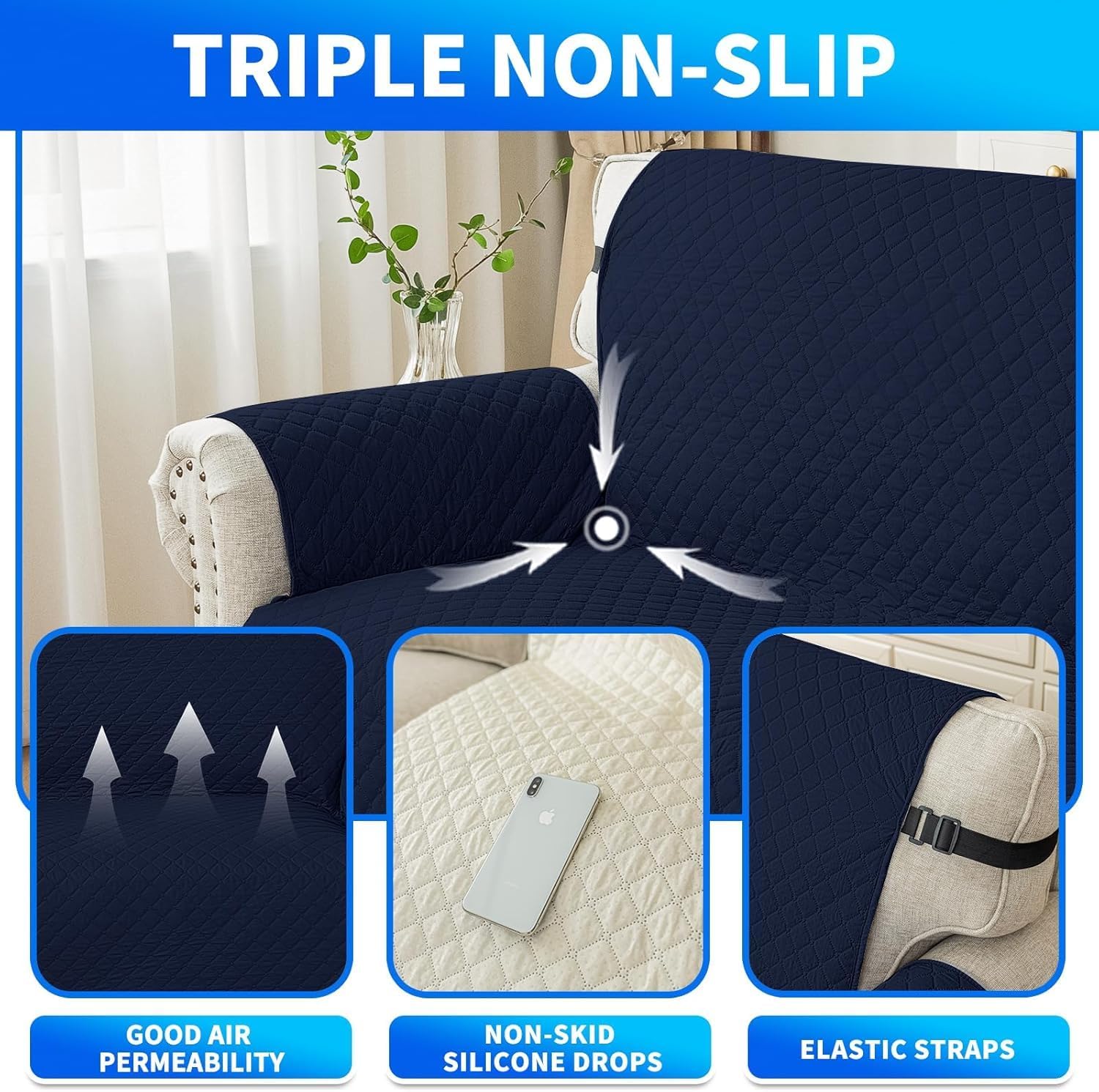 Thumbnail 4 de CYCMACO Couvre canapé imperméable 4 places universel antidérapant avec accoudoirs (bleu foncé)