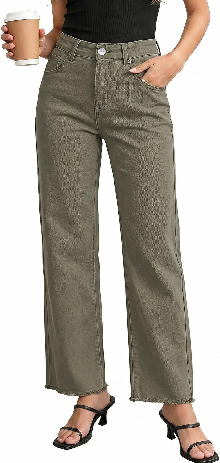 Detalle de GRAPENT Women's Straight Leg Jeans with High Waist and Frayed Hem