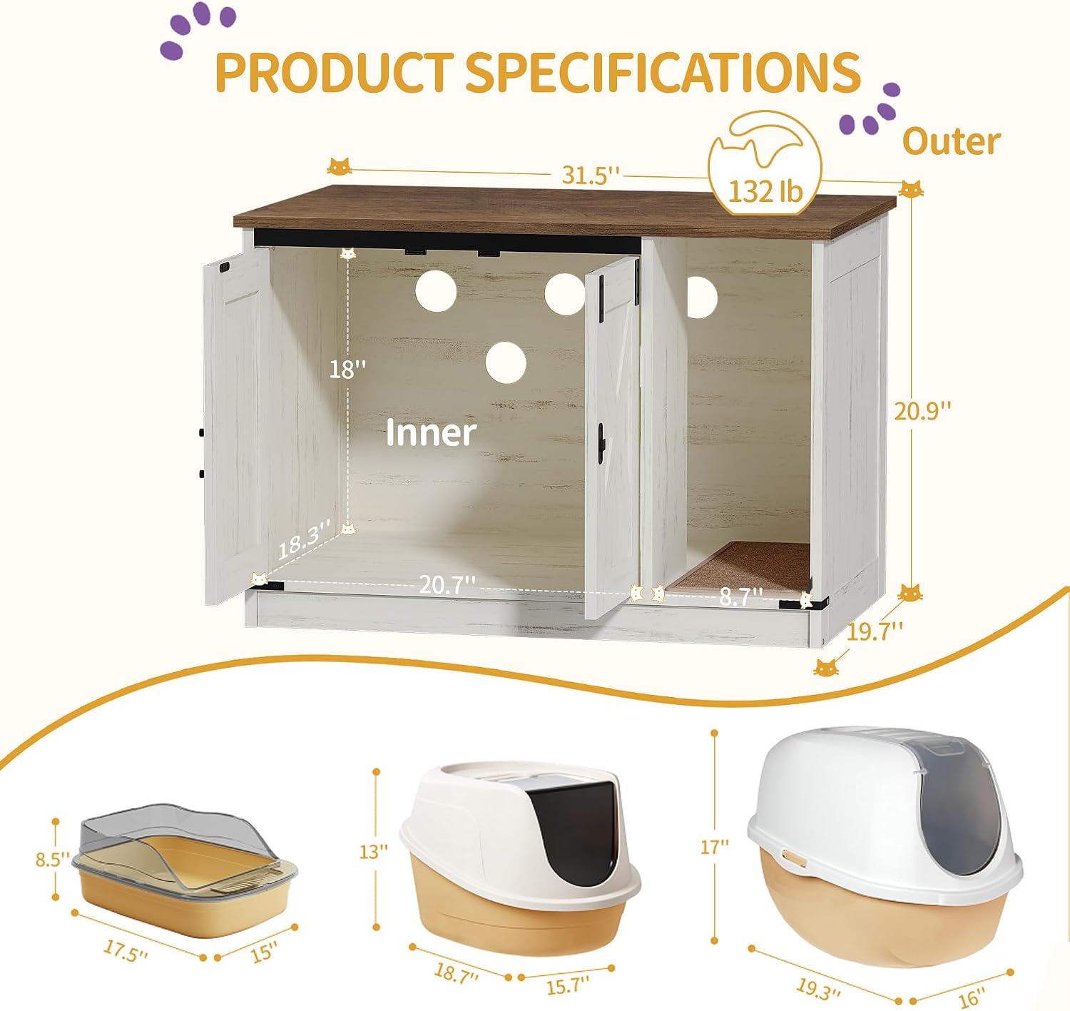 Detalle 2 de Hzuaneri CB82414X Cat Litter Box Enclosure, Farmhouse Cabinet with Bell