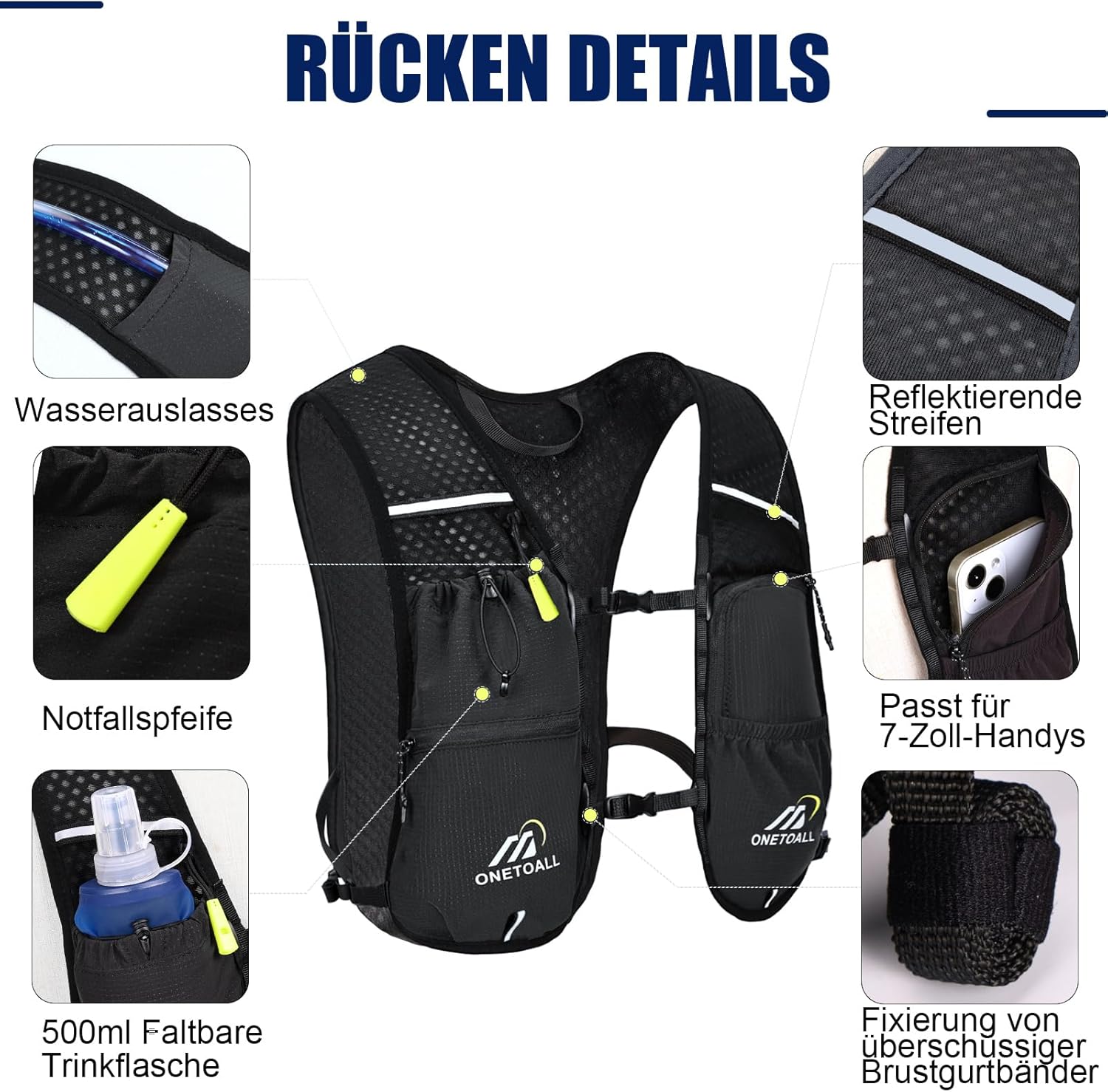 Detalle 2 de ONETOALL Laufweste Damen Herren mit 2L Trinkblase und 500 ml Flasche (reflektierend, ca. 150 g, 6 l)