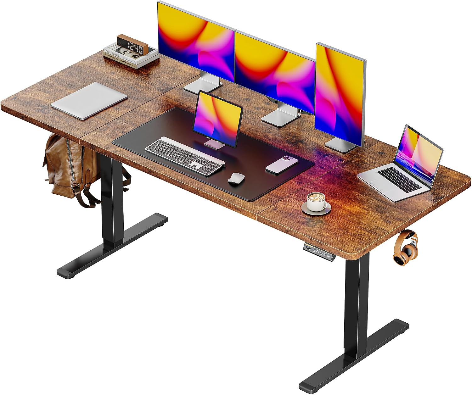 Huuger 63 x 28 Large Electric Standing Desk with 3 Preset Heights and LED Keypad (Rustic Brown)