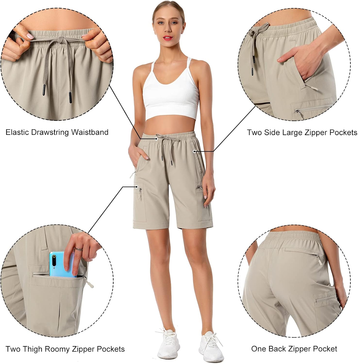 Detalle de Hugut Women's Lightweight Hiking Cargo Shorts: Quick-Dry, Water-Resistant & Pockets for Outdoor Adventures