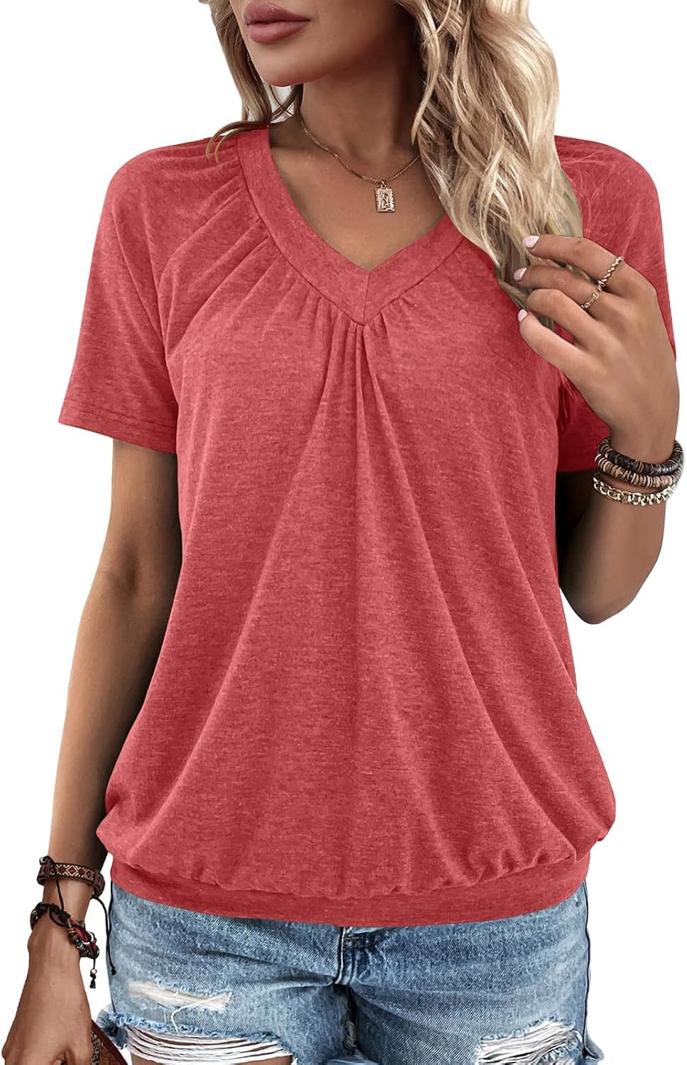 Detalle de Gihgoew Summer Tops for Women 2025 Short Sleeve V-Neck Ruched Tee