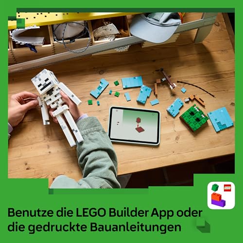 Detalle de LEGO Minecraft Das Skelett – Mob Figur mit Diamanthelm, Bogen & Pfeil, Grasbasis (21594)