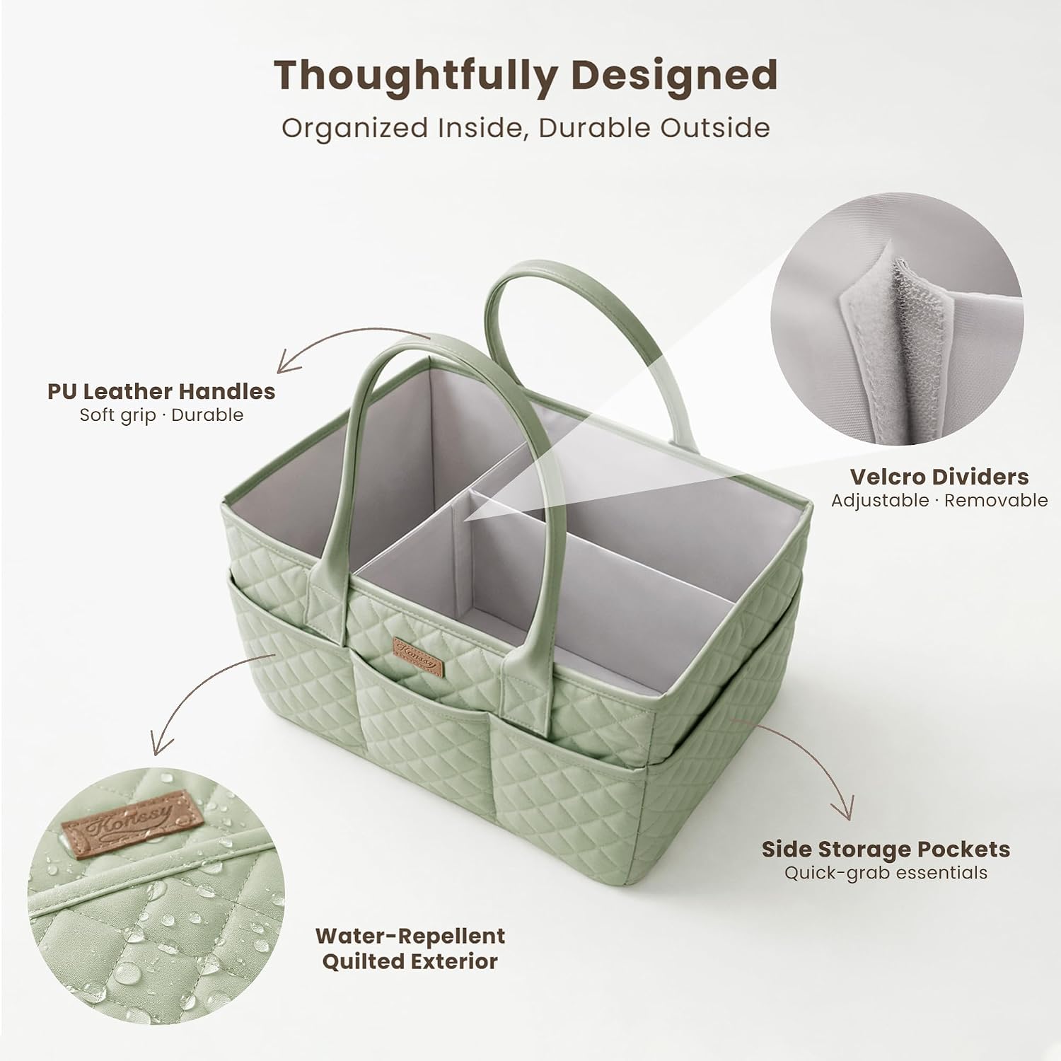 Detalle de Konssy LLMMB-WL Baby Diaper Caddy, Fog Green Quilted Organizer with Removable Divider