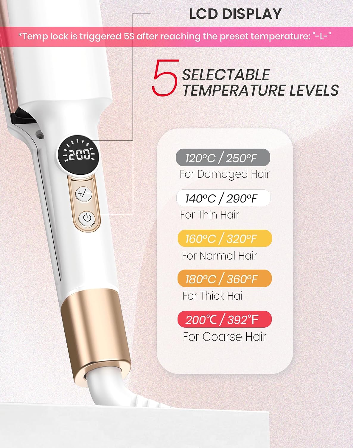 Detalle de UKLISS Welleneisen Pro Mini Mermaid Hair Waver mit LCD-Anzeige (120–210 °C) – Reisegröße