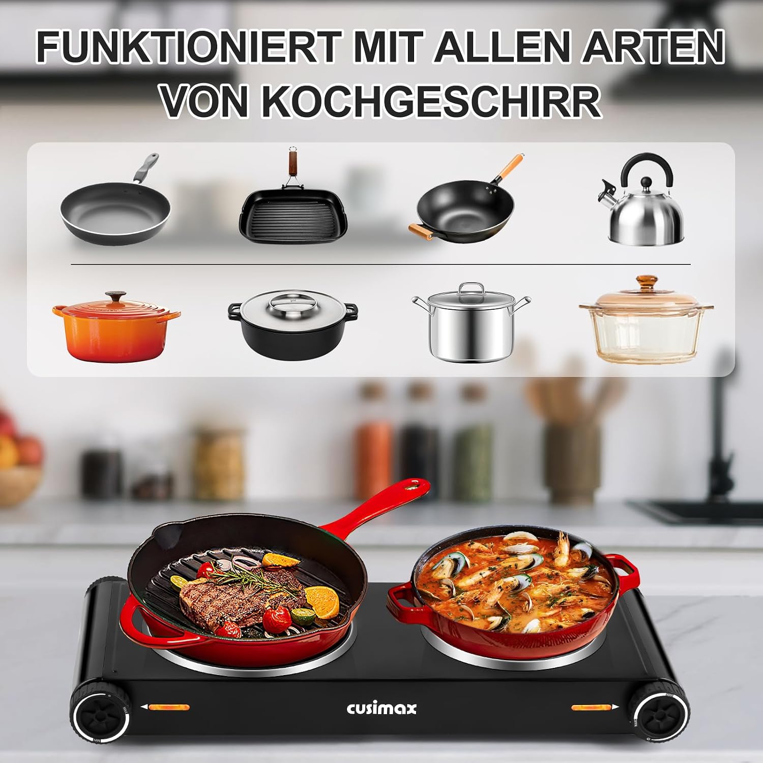 Thumbnail 1 de CUSIMAX Kochplatte mit verstecktem Griff, 2400 W – 2 Glaskeramik-Felder, tragbar, Infrarot-Heizplatte, Edelstahlgehäuse
