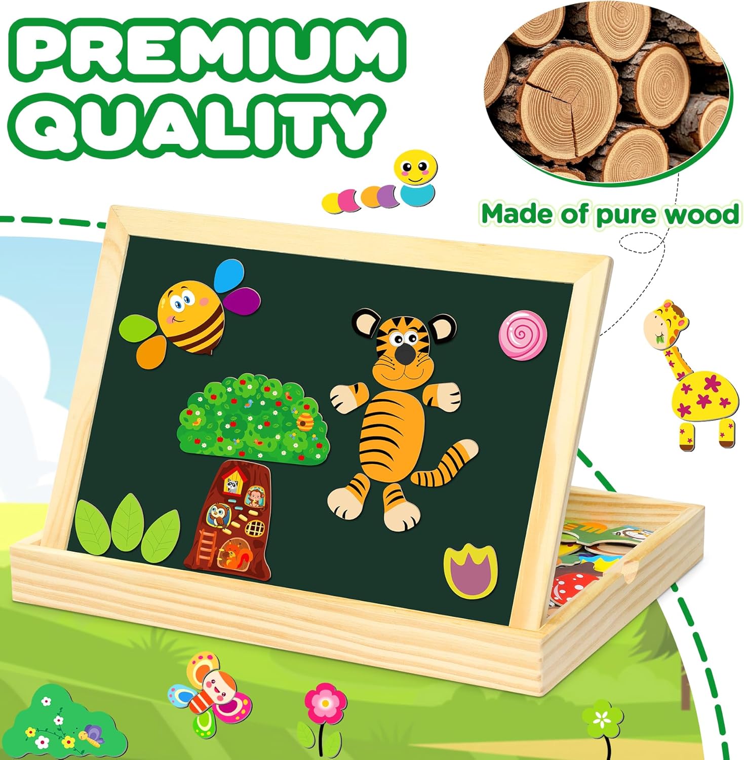 Thumbnail 6 de Jojoin 130 PCS Wooden Magnetic Puzzle Double-Sided Magnetic Drawing Board (Cute Animal, Fruit & Bus Design)