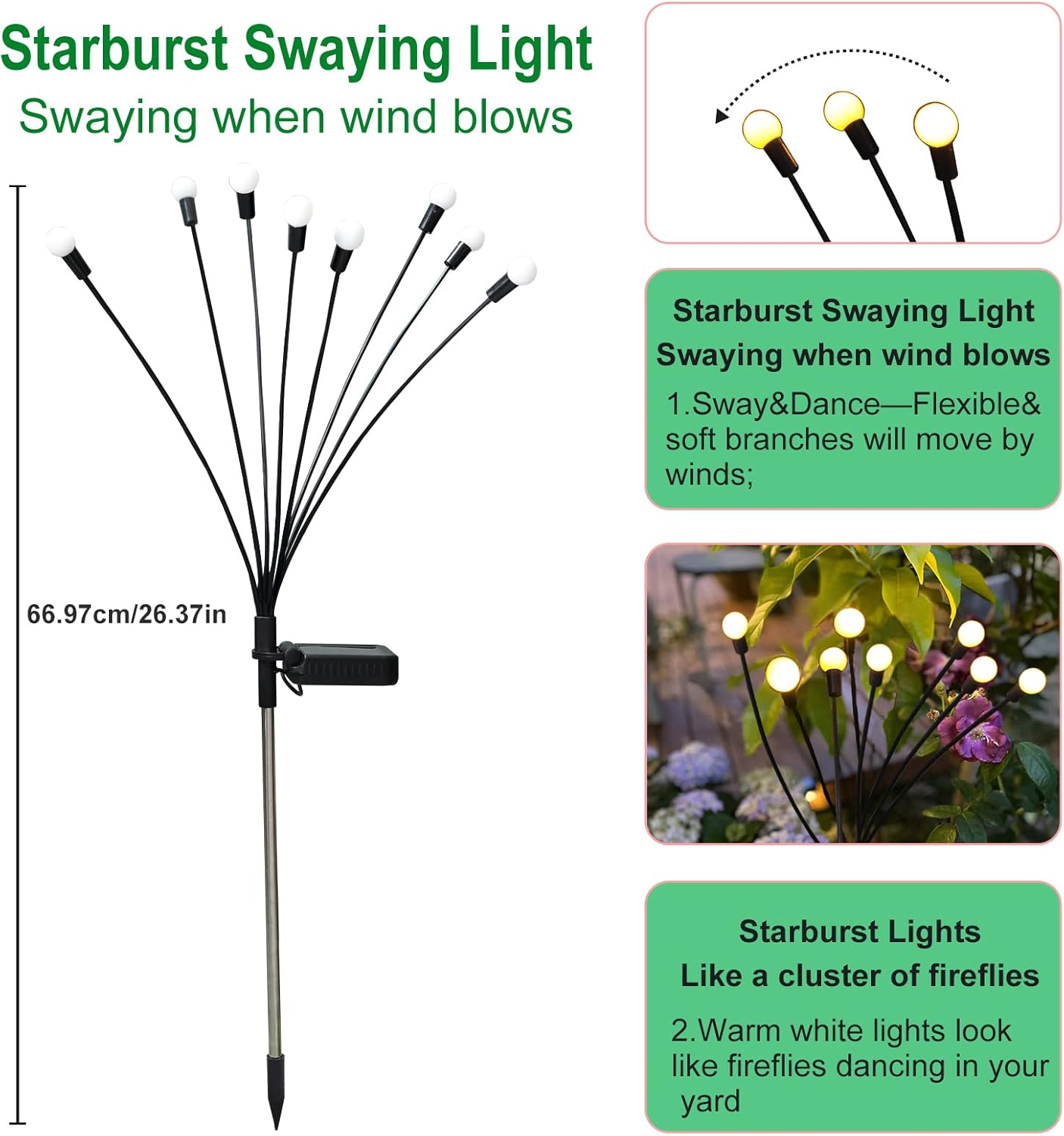 Detalle 2 de YJFWAL Firefly Solar-Gartenlichter Außen 2 Stück – Glühwürmchen-Lichter, warmweiß, wasserdicht
