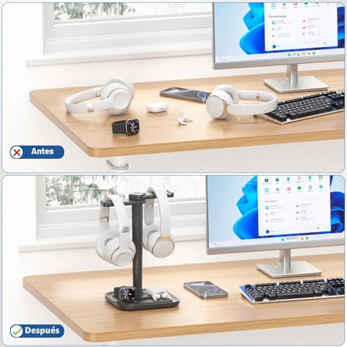 Detalle de KDD 2 Soporte Auriculares Mesa: brazo giratorio, base amplia y versión plegable para teléfono