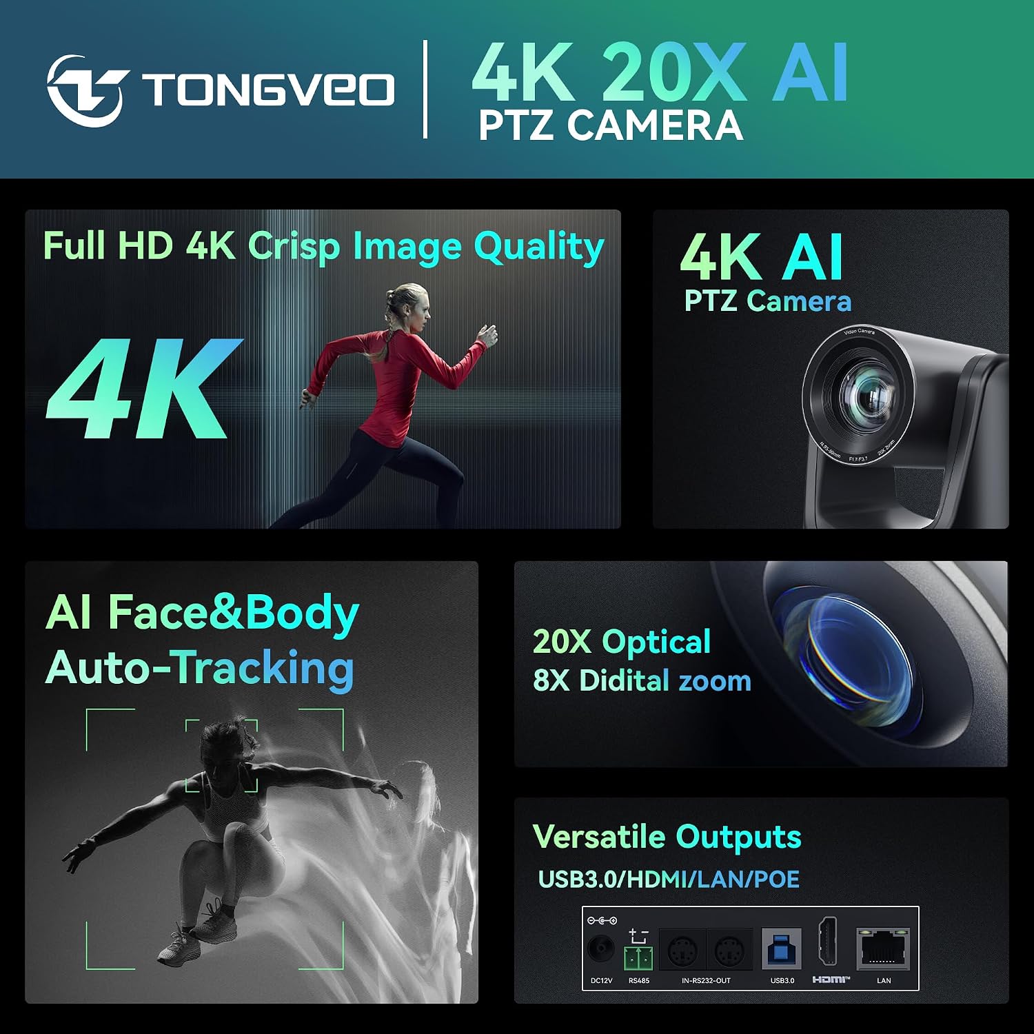 Detalle de TONGVEO 4K AI PTZ Camera with Auto Tracking and 20X Optical Zoom for Conference Rooms, Church, and Live Streaming