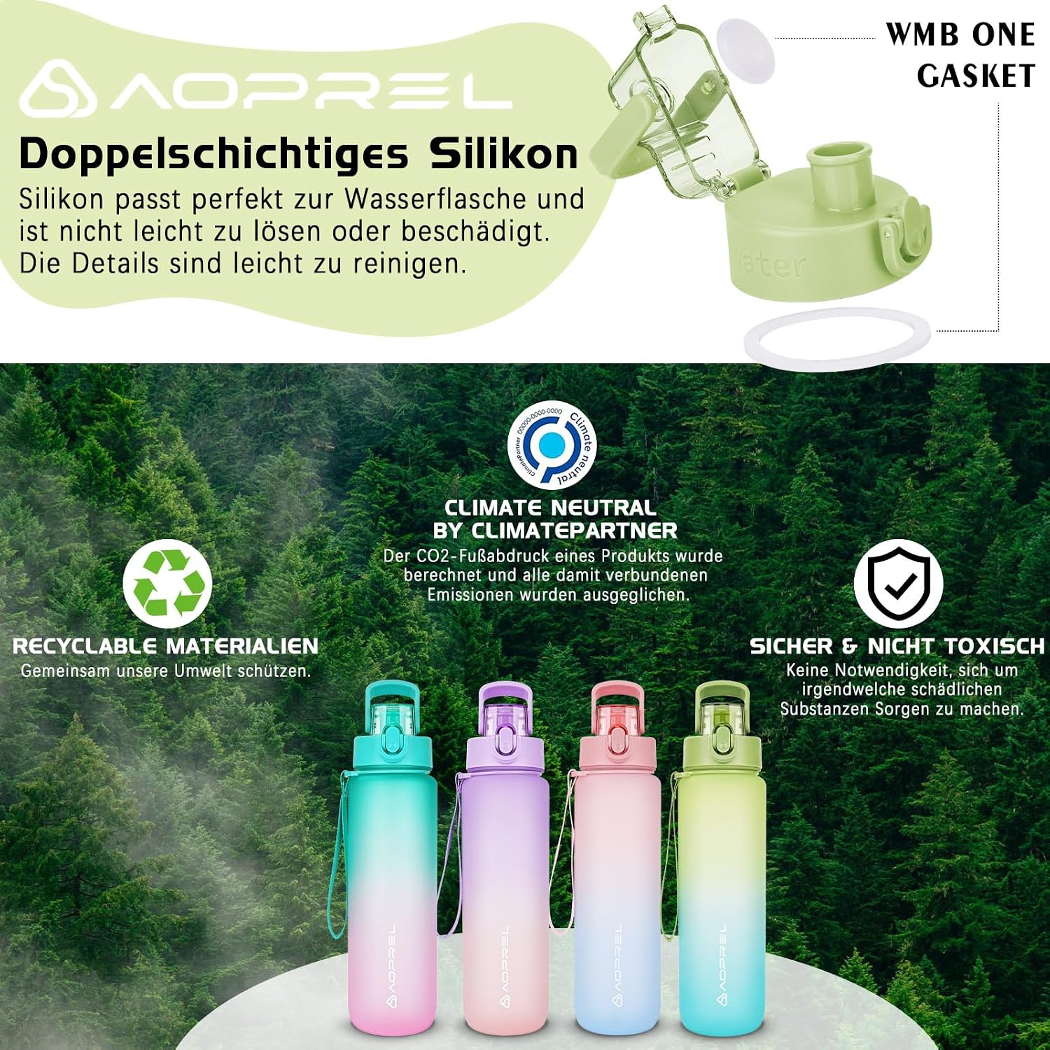 Detalle de AOPREL Sport-Trinkflasche 1 l aus Tritan (BPA-frei) mit Filter und Bürste