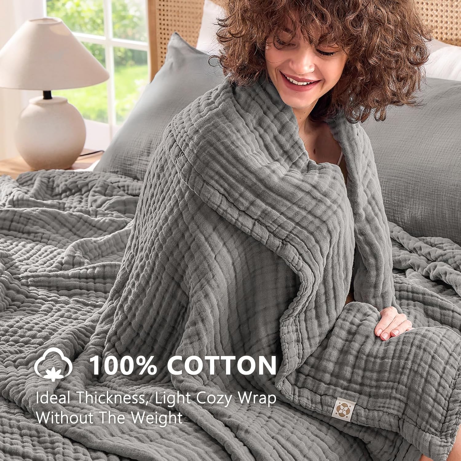 Detalle de EMME EMCAC-9-Muslin Blanket Brezpure Queen 9-Layer Cotton Blanket, Dark Grey