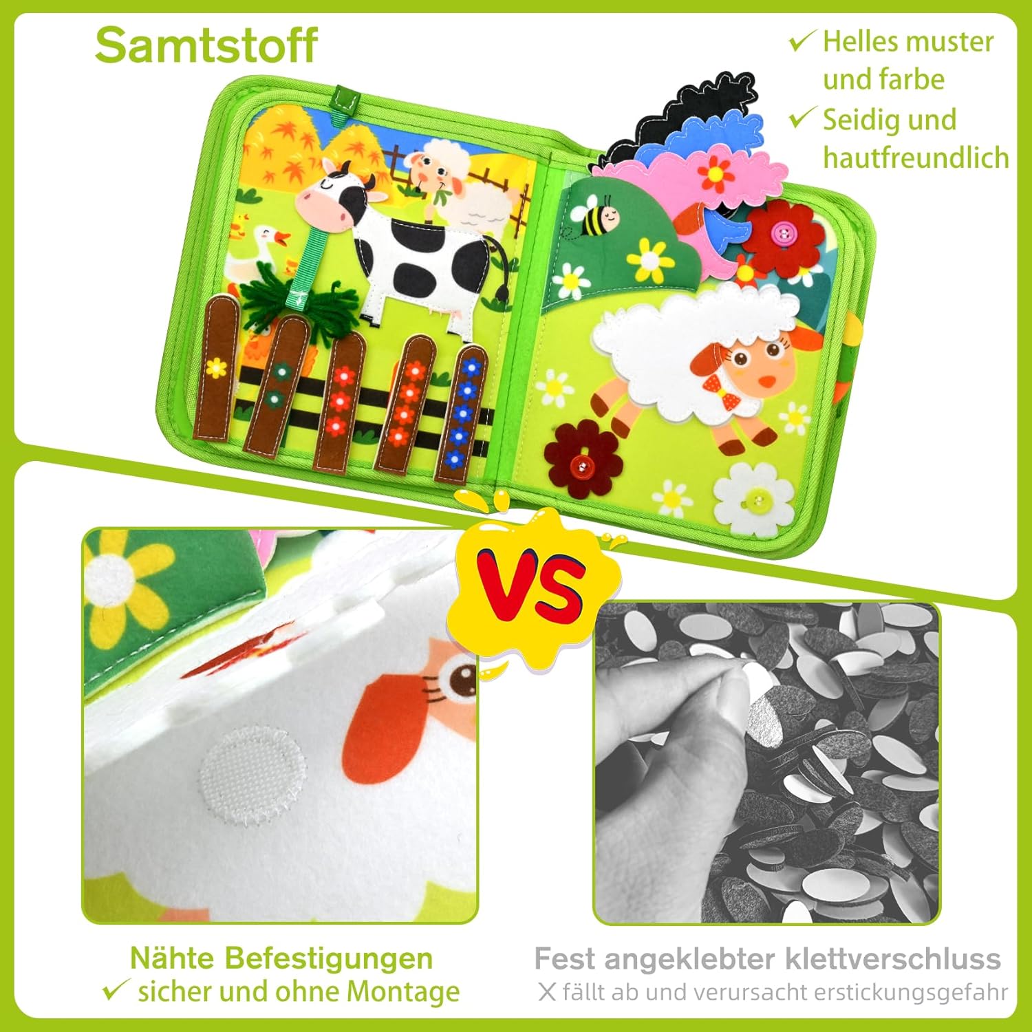 Thumbnail 5 de Meafeng Busy Board Montessori Spielzeug 20-in-1 – Bauernhof-Thema, ab 1 Jahr, weiches Filz-Image für frühe Bildung