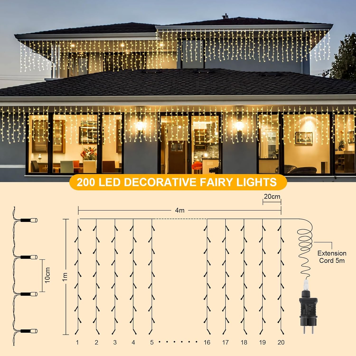 Thumbnail 4 de A.bigwhale Lichtervorhang Außen 4x1 m mit Eisregen-Effekt, 200 warmweiße LED, Timer & Memory