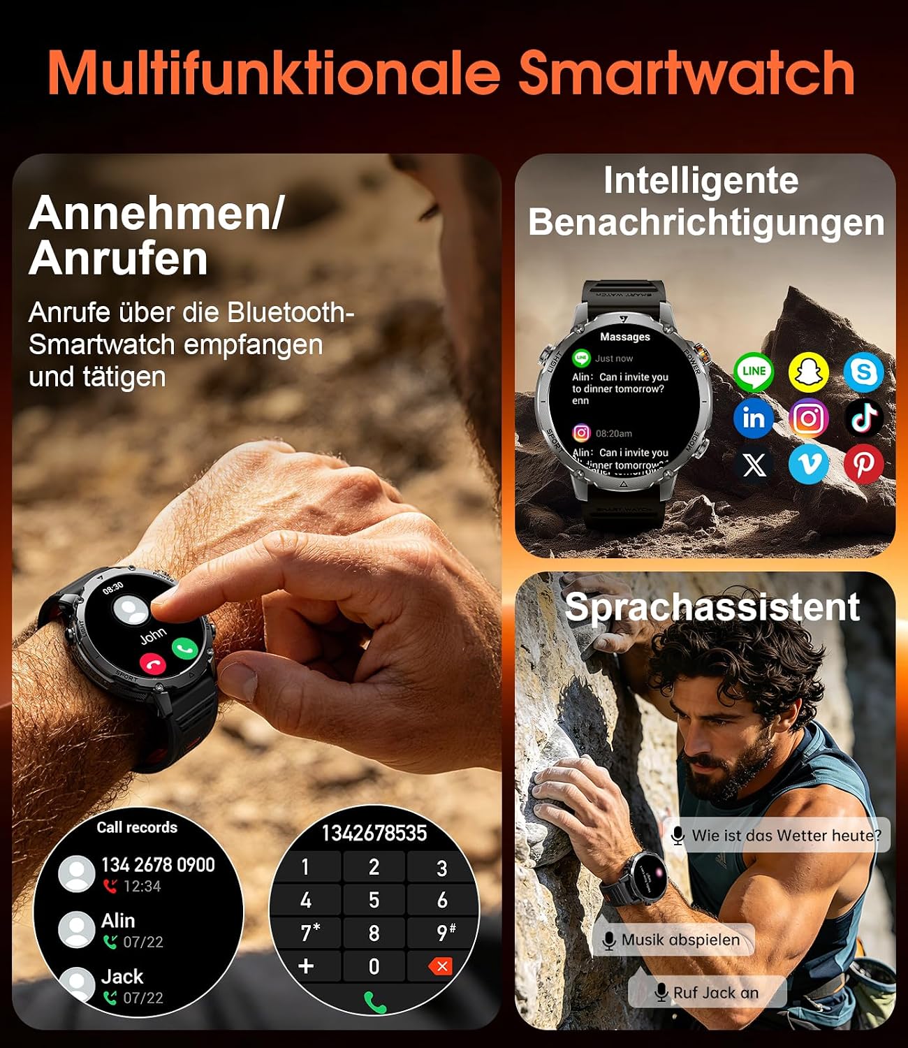 Thumbnail 1 de SUNKTA Herren-Smartwatch mit 1,7″ Display: Viel Akku, Fitness- und Kommunikations-Features