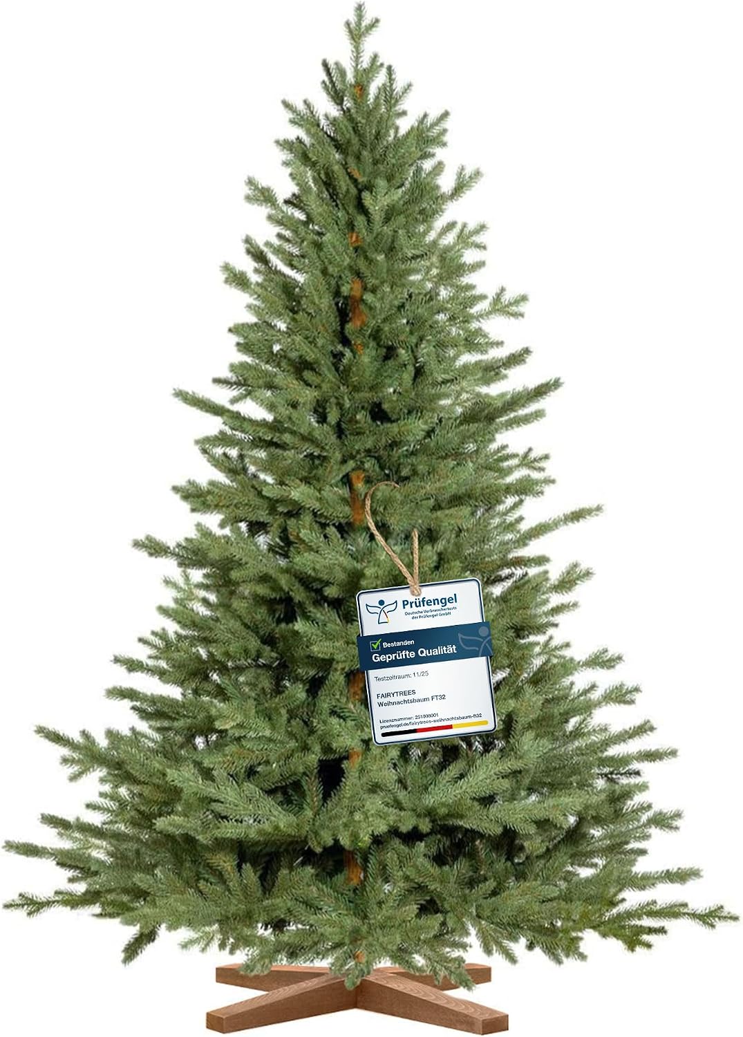 Detalle de FairyTrees FT32 Bavarian Fir Premium Artificial Christmas Tree, 220 cm, PE Tips, Wooden Stand