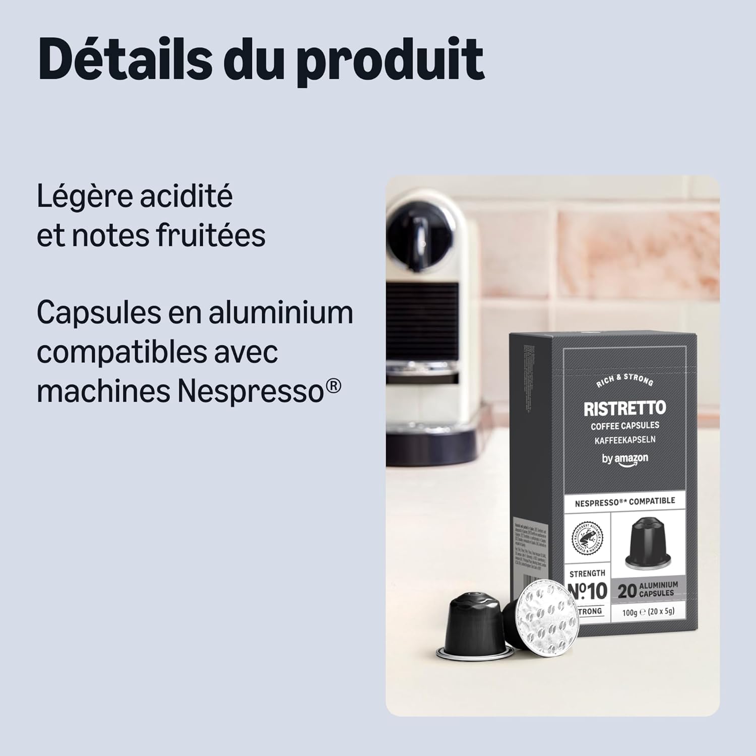 Detalle de By Amazon Capsules Café Ristretto en aluminium – 100 capsules compatibles Nespresso (5 x 20) et certifié Rainforest Alliance