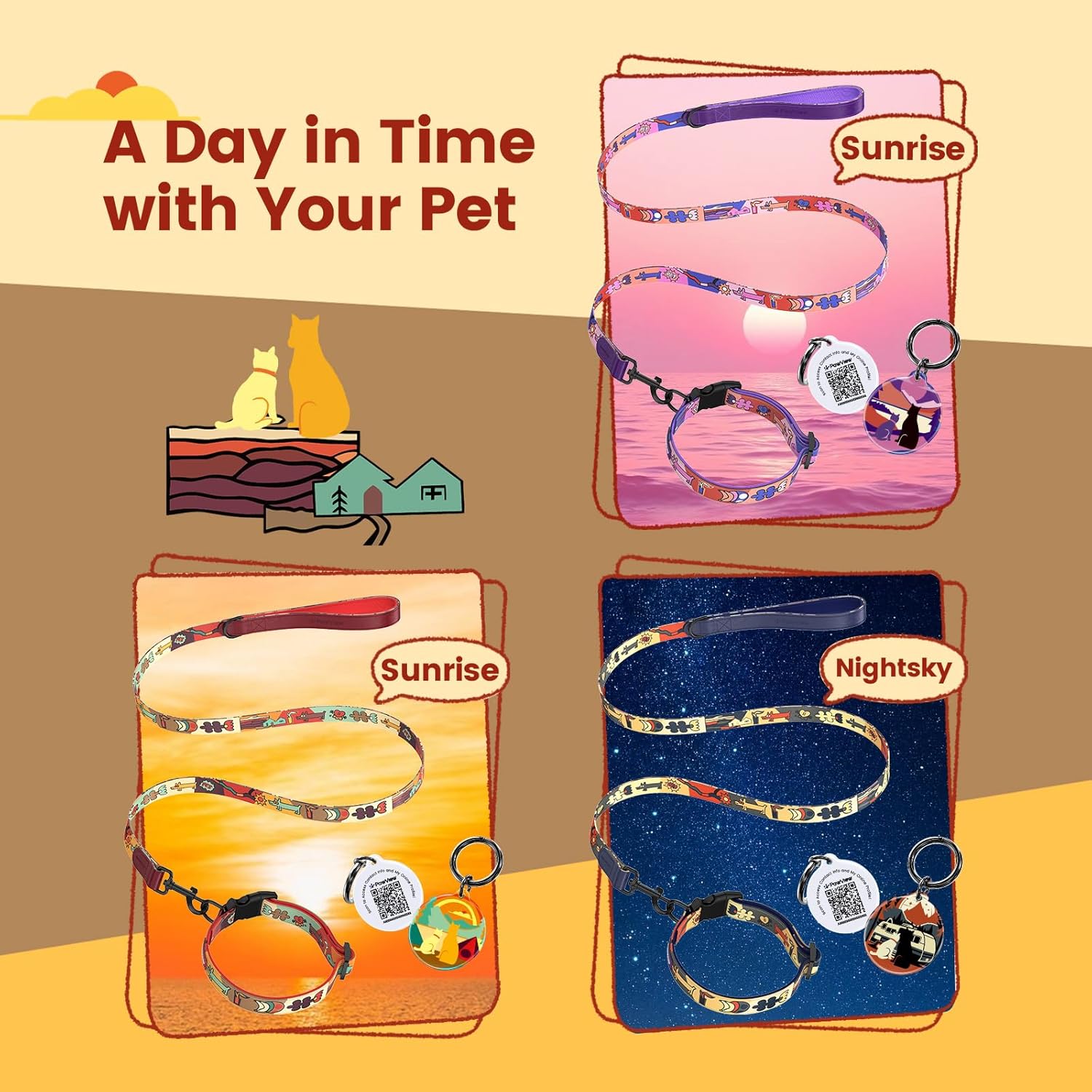 Thumbnail 5 de PawView Soft Padded Collar & Leash Set with QR Code Tag (Adjustable Nylon) – Sunrise, S