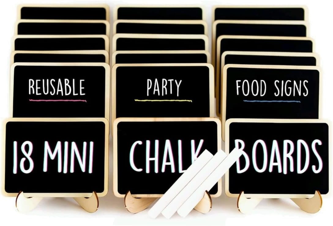 Detalle de SAVVY & SORTED Mini Chalkboard Signs, 18-Pack with Wooden Frames and Stands