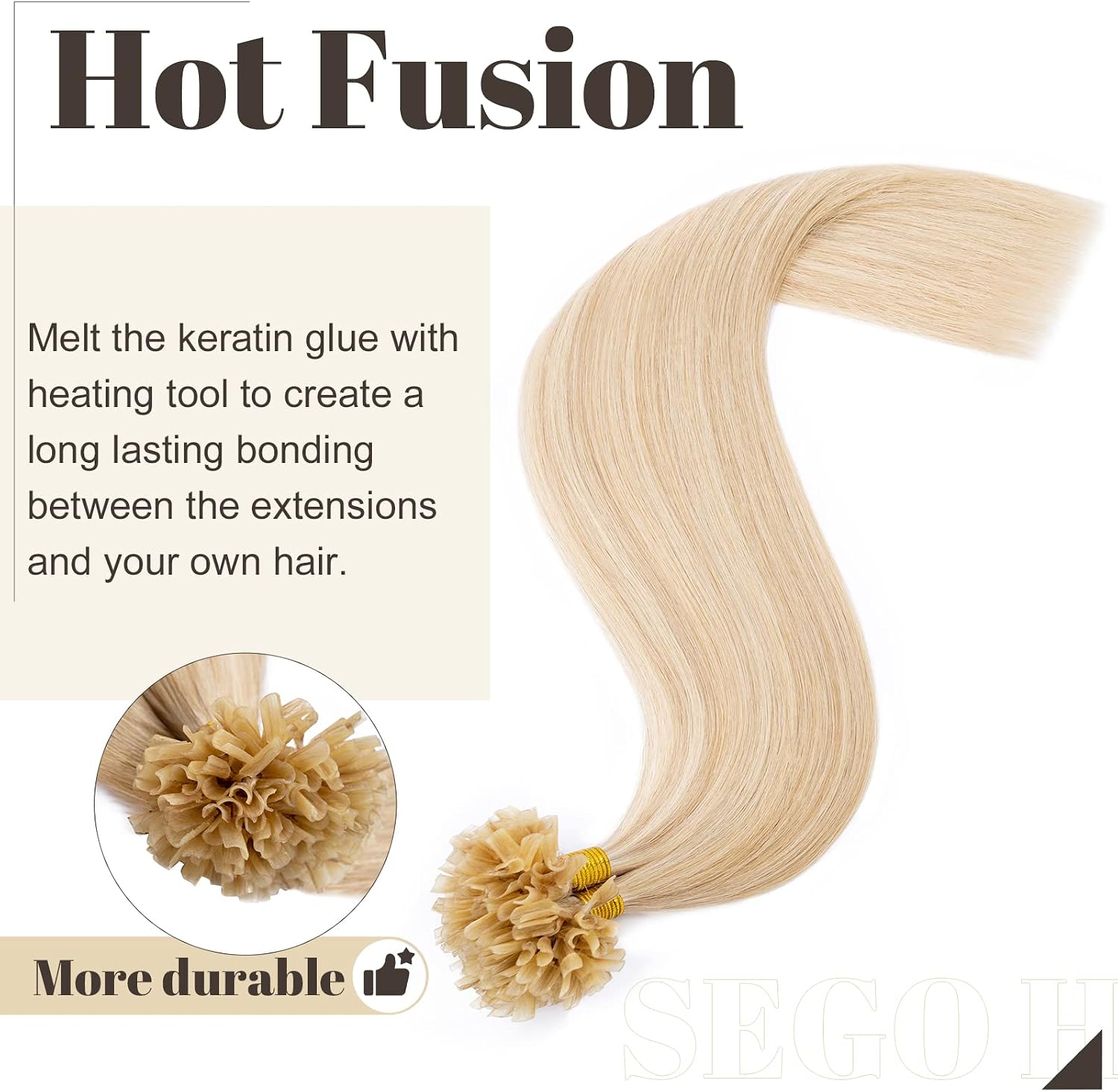 Thumbnail 2 de SEGO Extension con cheratina in capelli 100% Remy, set da 100 ciocche pre-bonded senza clip, 50 cm (50 g), colore 18P613 biondo cenere