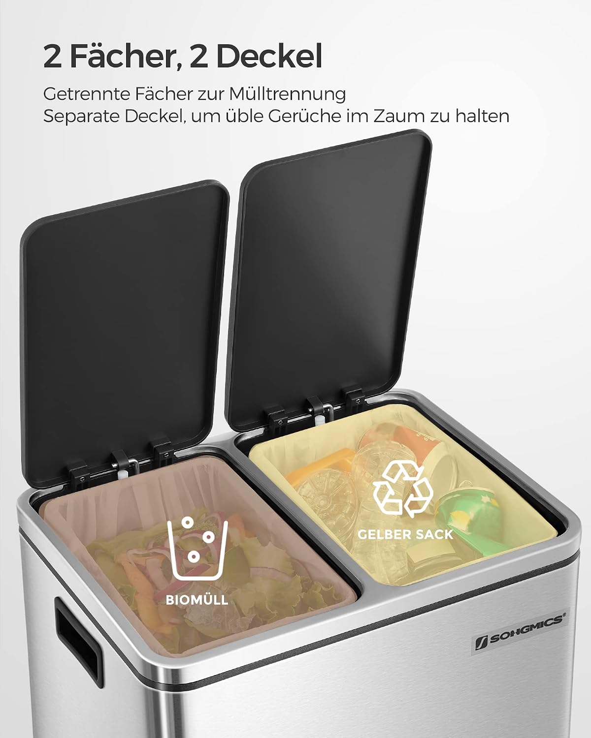 Thumbnail 4 de SONGMICS Küchen-Mülleimer LTB30H, 2×15 Liter Mülltrennsystem mit Softclose-Deckeln