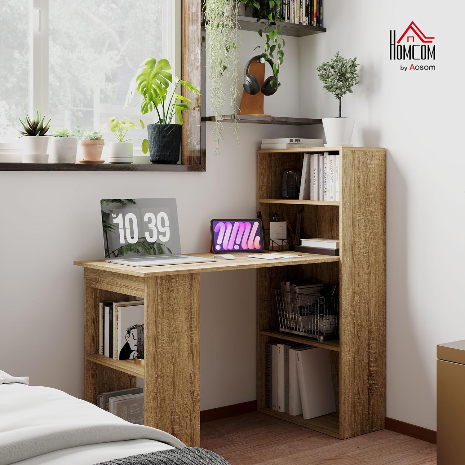 Thumbnail 1 de HOMCOM Bureau Informatique avec Rangement – 120 x 55 x 120 cm, chêne (6 compartiments ouverts)
