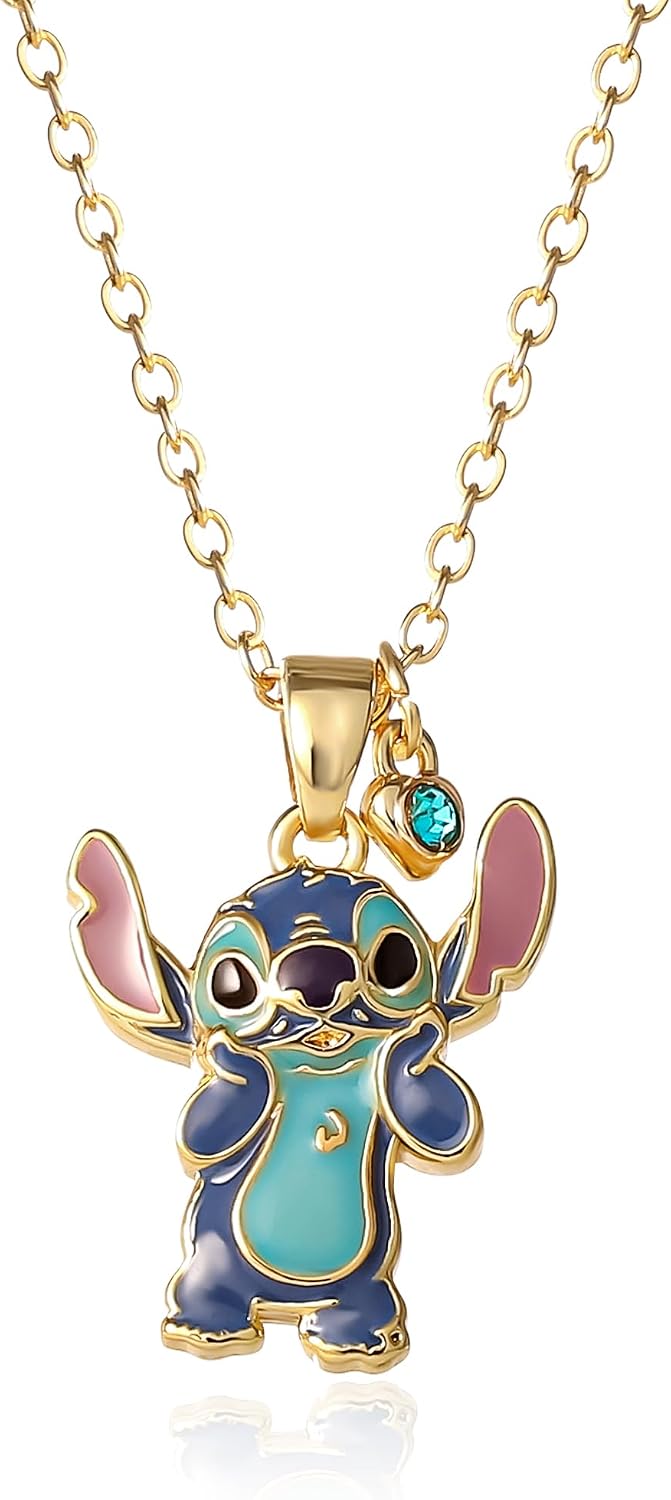 Disney Collana Stitch da Donna – placcatura oro 18k, ciondolo smaltato e crystal blu