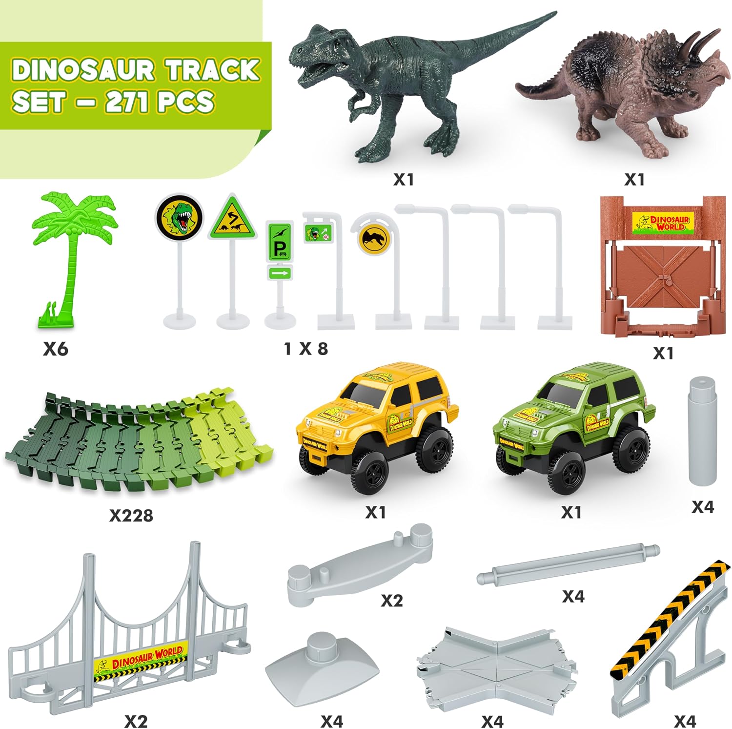 Thumbnail 1 de Dinosaur Tracks 271-Piece Flexible Dinosaur World Road Race Train Track Set (Race Cars + Dinosaur Figures) for Ages 3+
