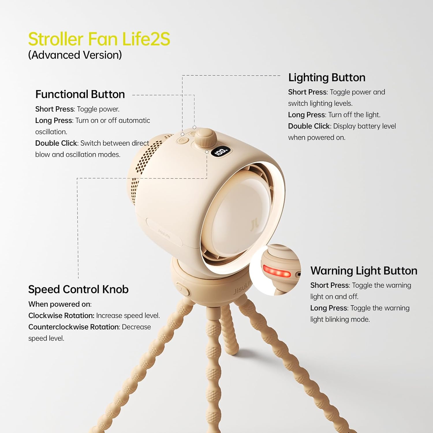 Thumbnail 5 de JISULIFE ventilatore per passeggino senza pale, ricaricabile a batteria con Air Turbo e luce notturna