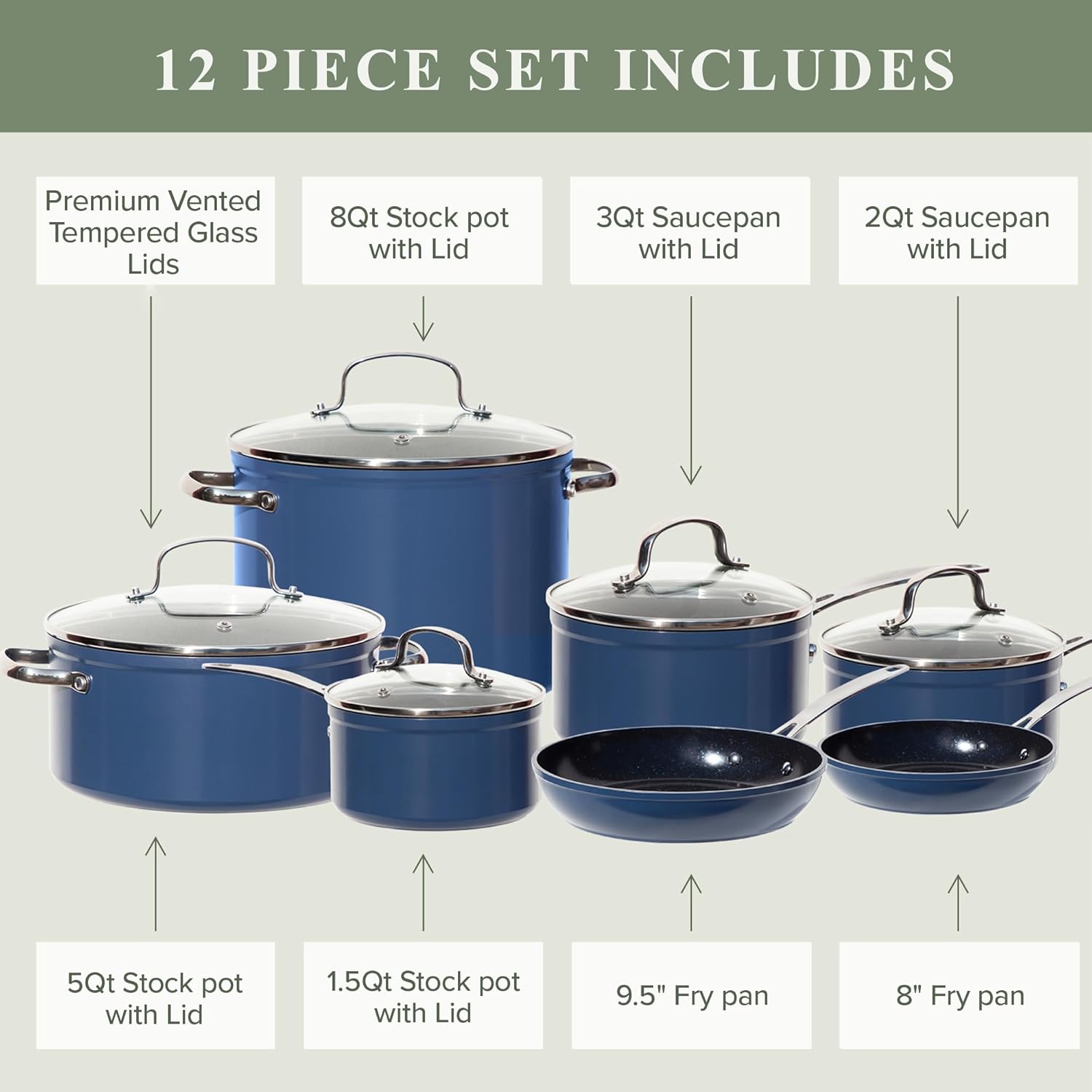 Thumbnail 6 de Nuwave Healthy Duralon Blue Ceramic Nonstick 12pc Cookware Set (PFAS Free, Diamond-Infused) with Tempered Glass Lids