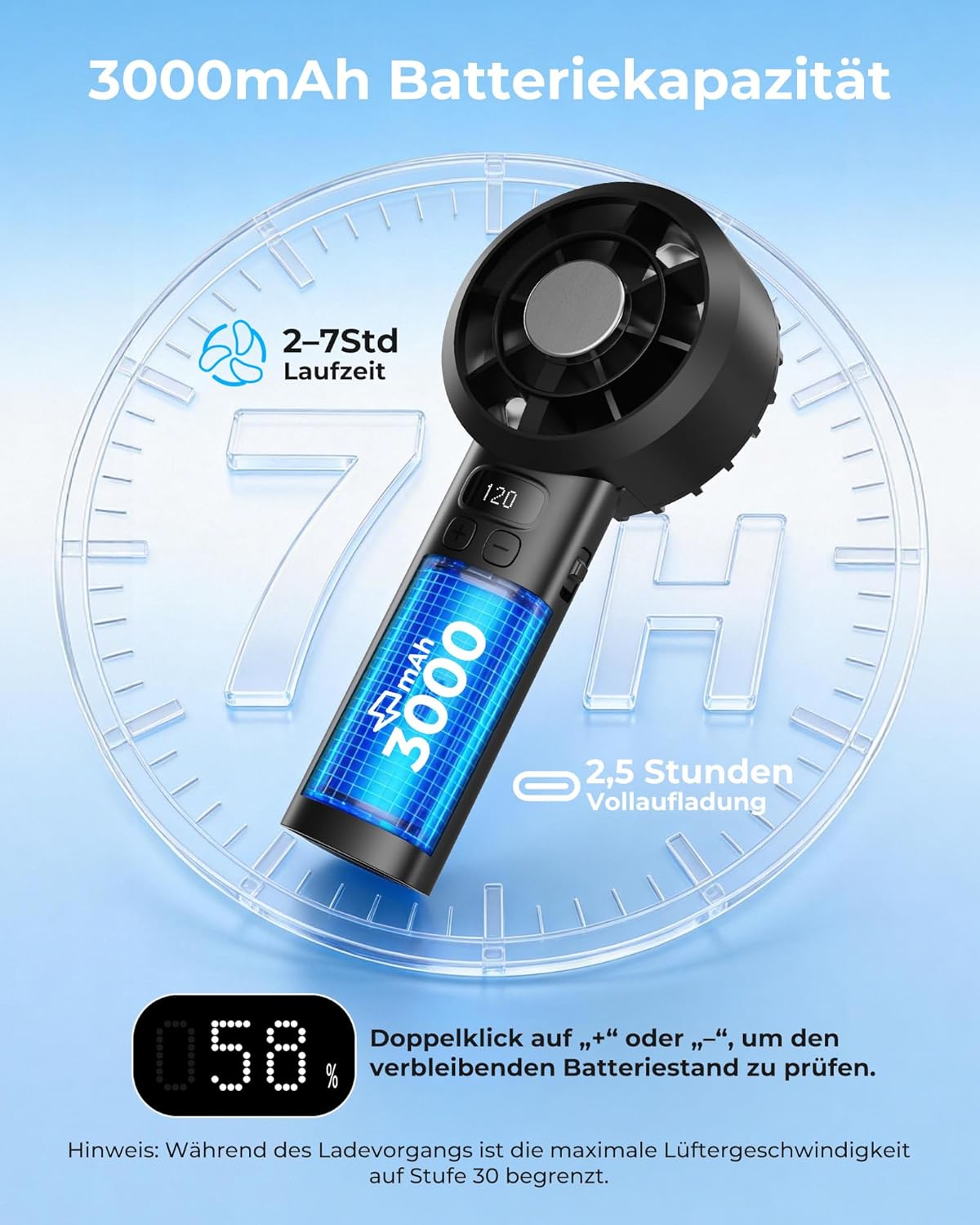 Thumbnail 3 de LUXVANO Handventilator (USB, 120 Stufen, LED-Display, 3000 mAh, Sicherheitsverriegelung) – Schwarz