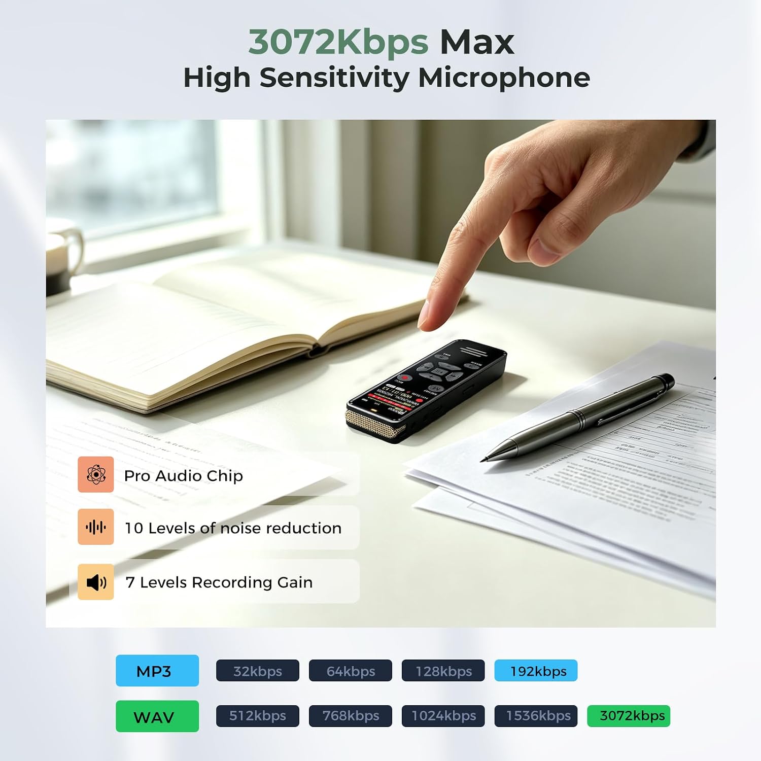 Detalle de EVISTR L359 Digital Voice Recorder, 128GB with AI Transcription and OTG