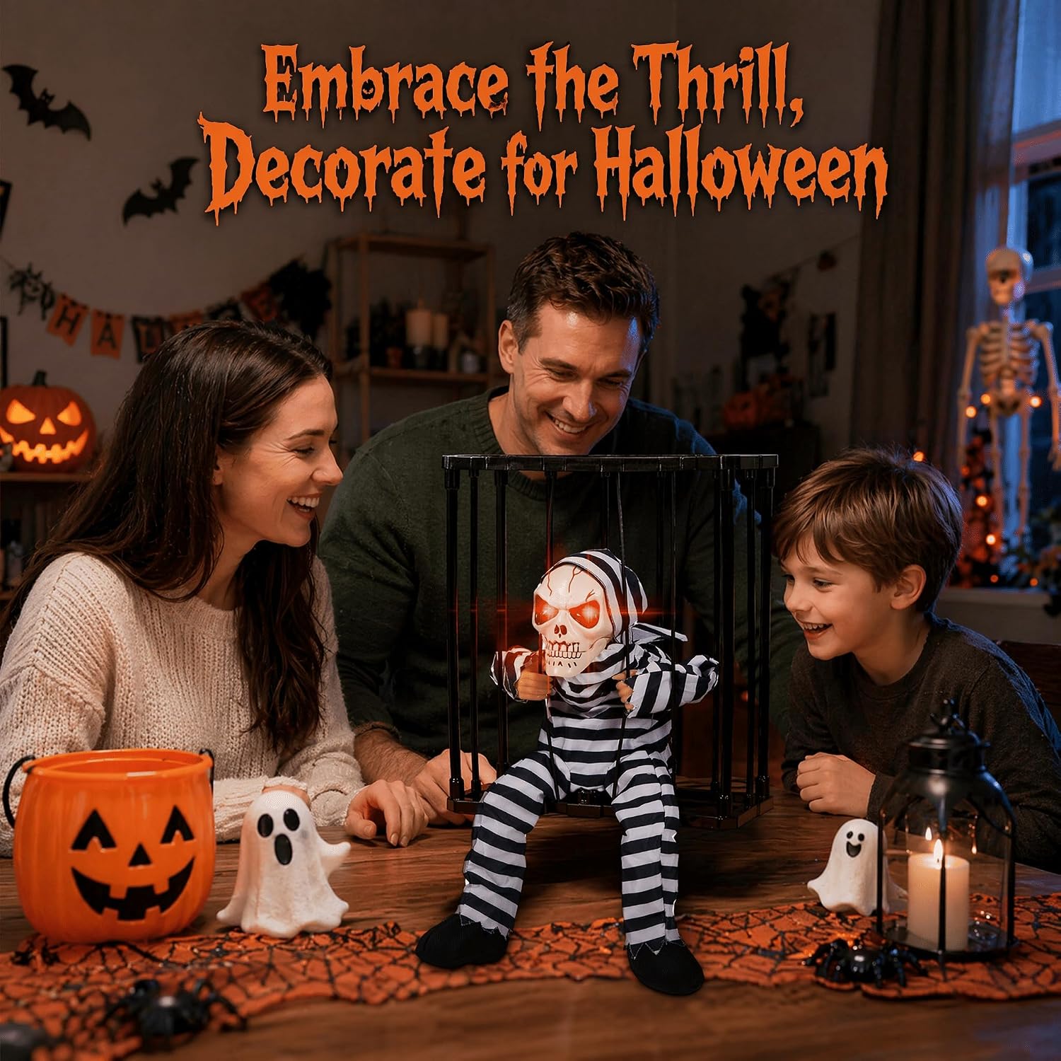 Detalle de Kendane CA-100 Caged Skeleton Halloween Decoration with Motion-Activated Red Eyes