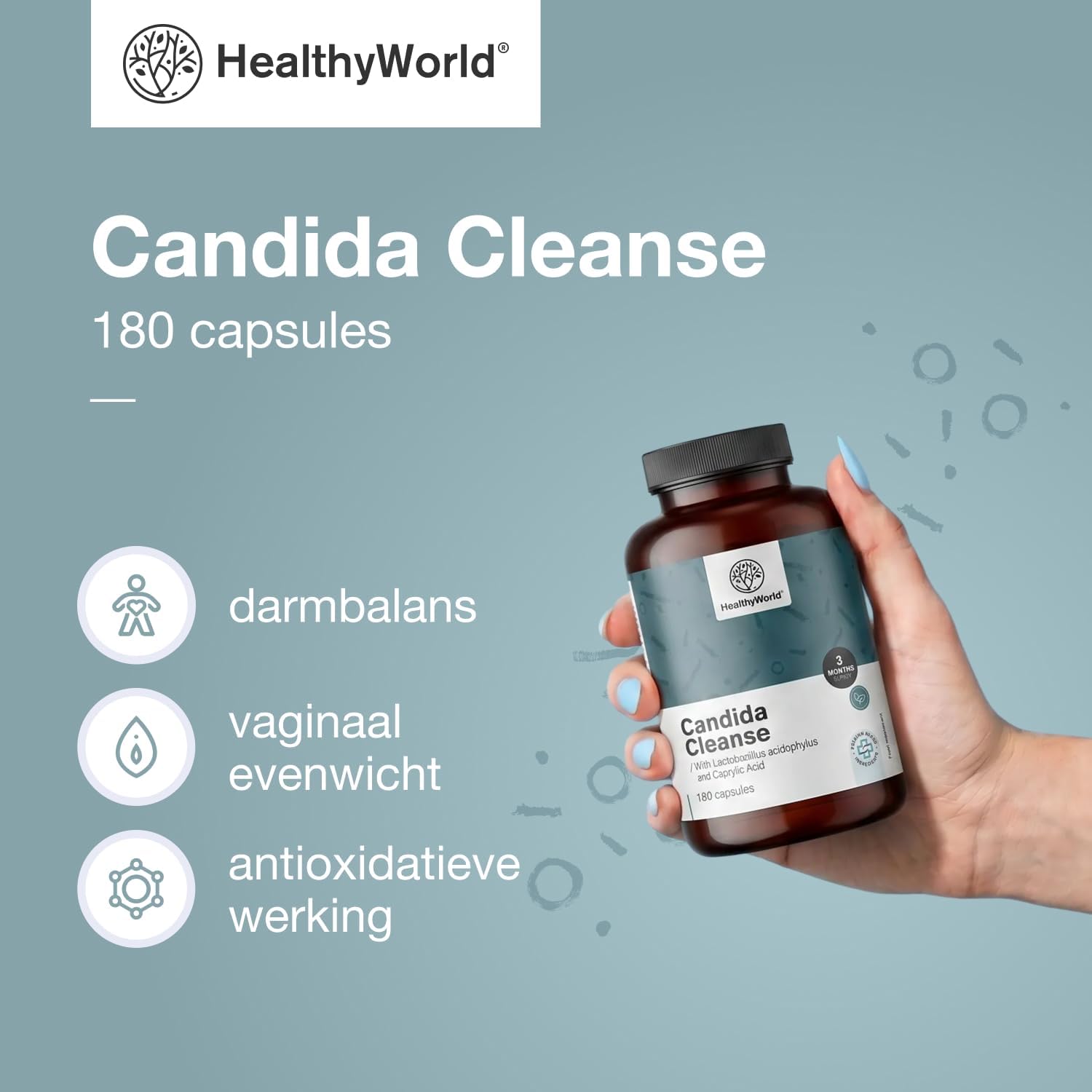 Detalle 2 de HealthyWorld Candida Cleanse capsules met 16 actieve ingrediënten, 180 stuks
