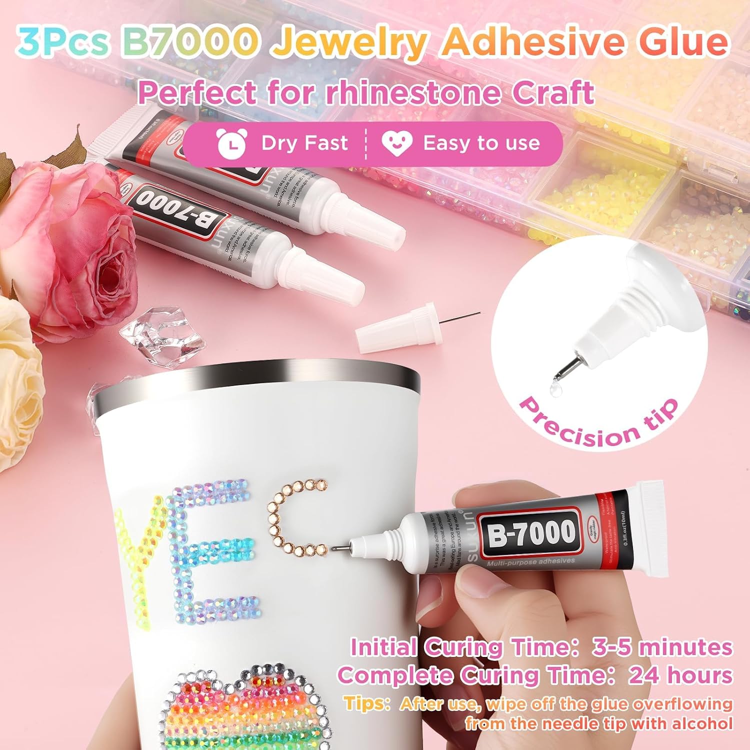 Detalle 2 de WaelthKey 30000PCS Nail Art Rhinestones – 3 mm Resin Flat-Back Crystals in 24 Colours with Glue, Tweezers and Pen