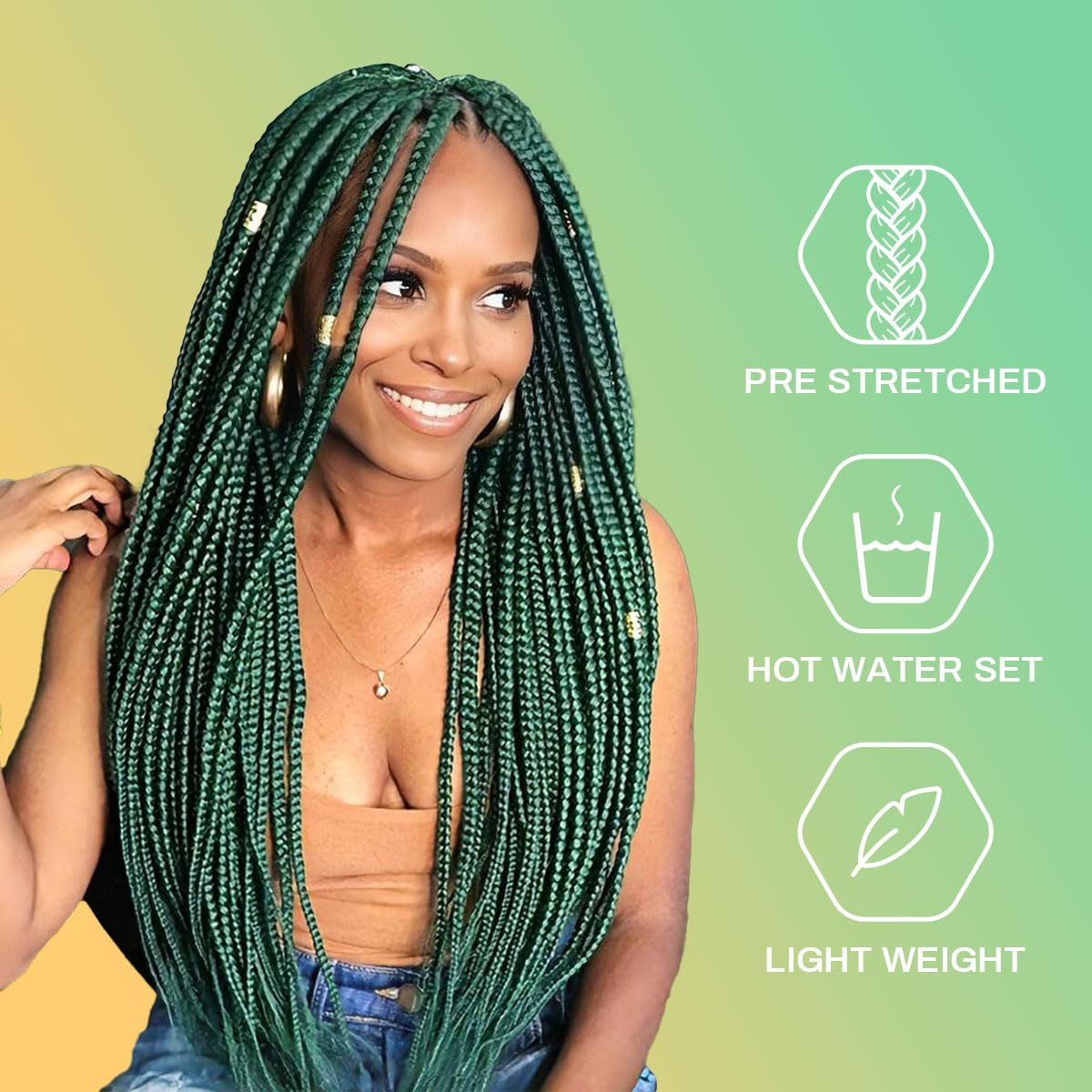 Detalle 1 de Aooffut Hunt Green Braiding Hair, 26-Inch Pre-Stretched Yaki Synthetic Extensions