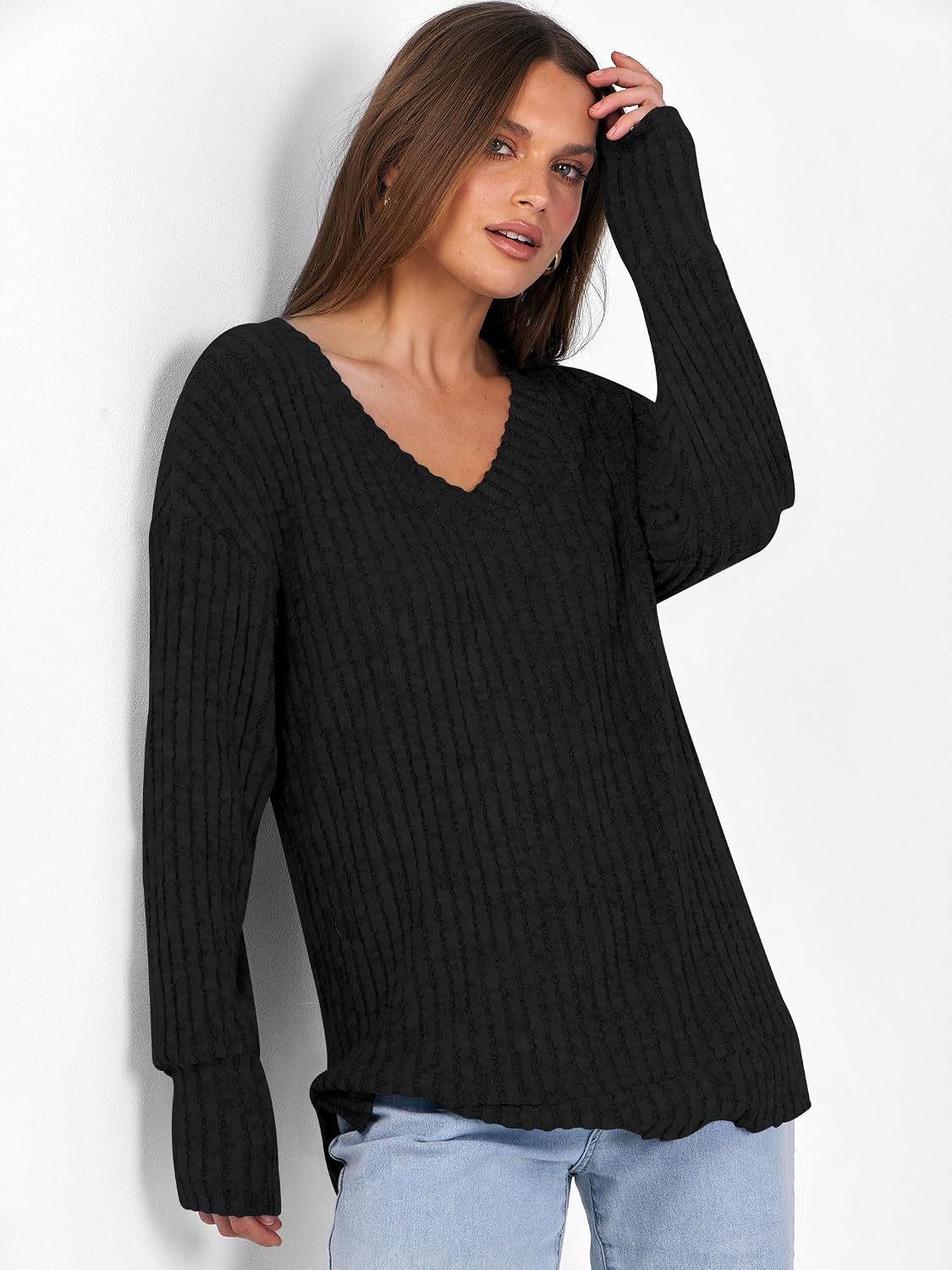 Thumbnail 3 de ANRABESS Long Sleeve V-Neck Tunic Lightweight Sweater