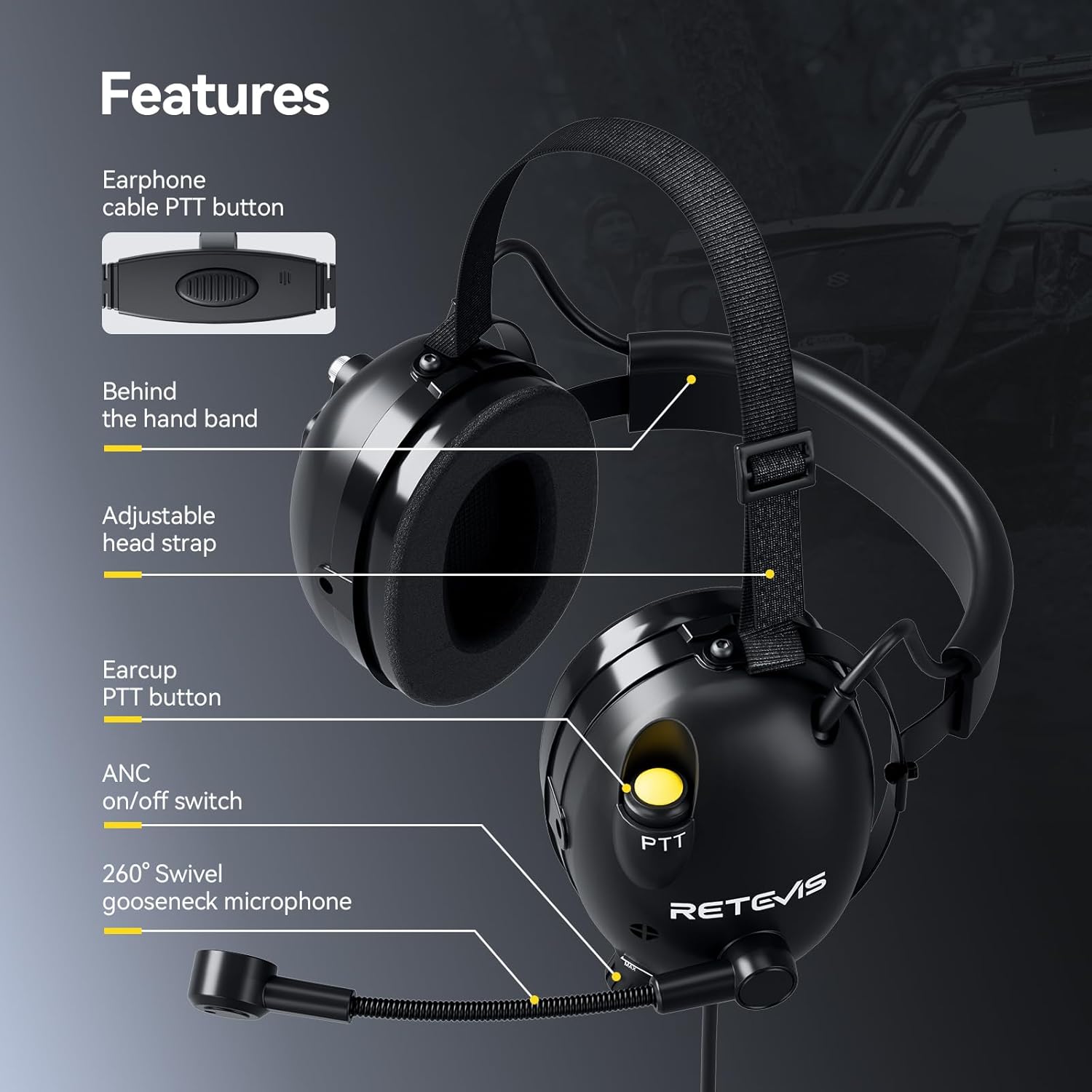 Detalle de Retevis ANC Behind-the-Head Walkie Talkie Headset with Microphone for H777/RT68 RT22 RT21 RT86 Series