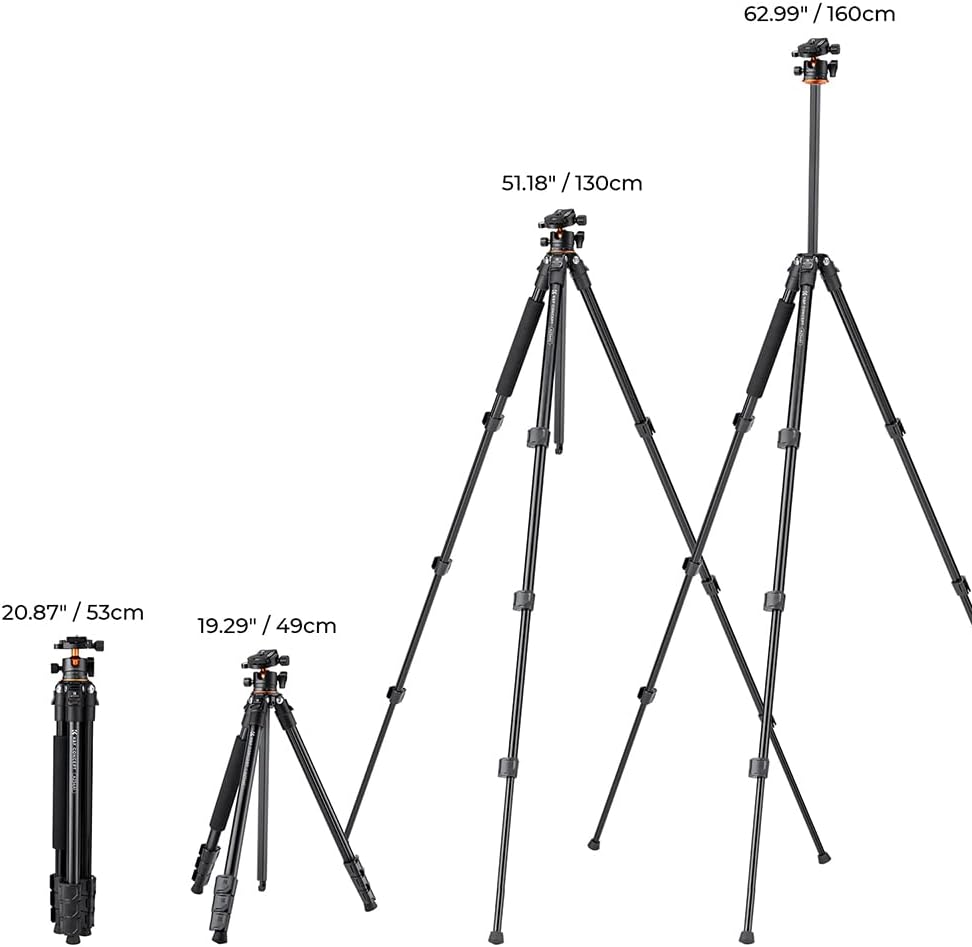 Detalle de K&F Concept 62''/160cm Camera Tripod (A225A1+BH-28L): Portable, Flexible Support for Travel and Work