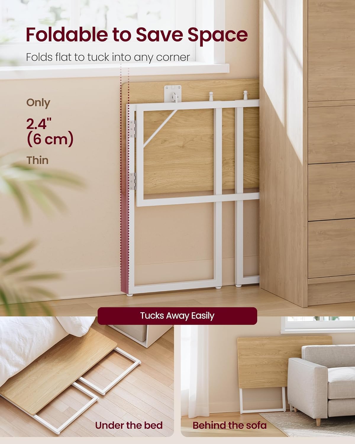 Thumbnail 3 de VASAGLE Folding Desk: Compact 100 x 50 cm, One-Piece Desktop with Rounded Edges