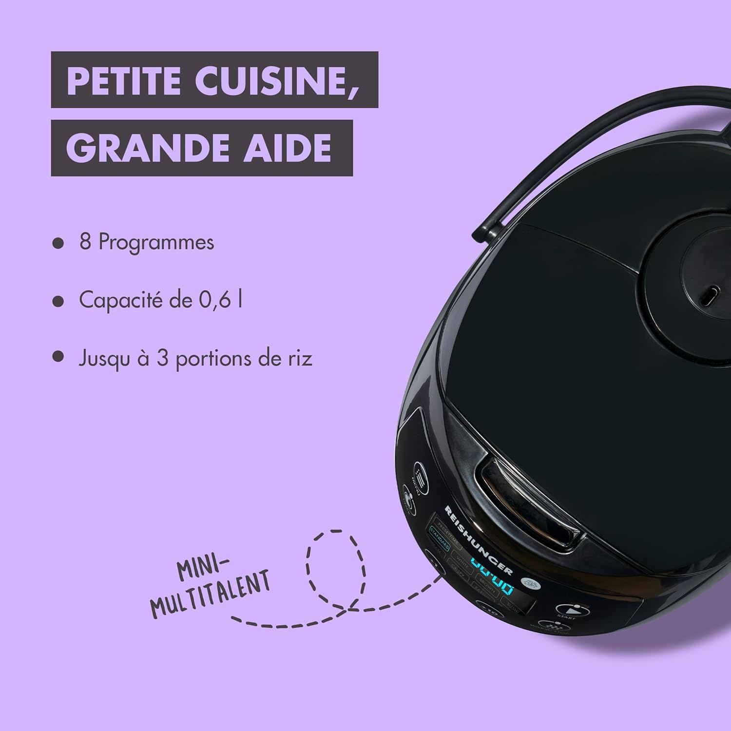 Detalle de Reishunger Mini Auto Cuiseur Riz — 0,6 L, 7 modes, maintien au chaud, accessoire céramique