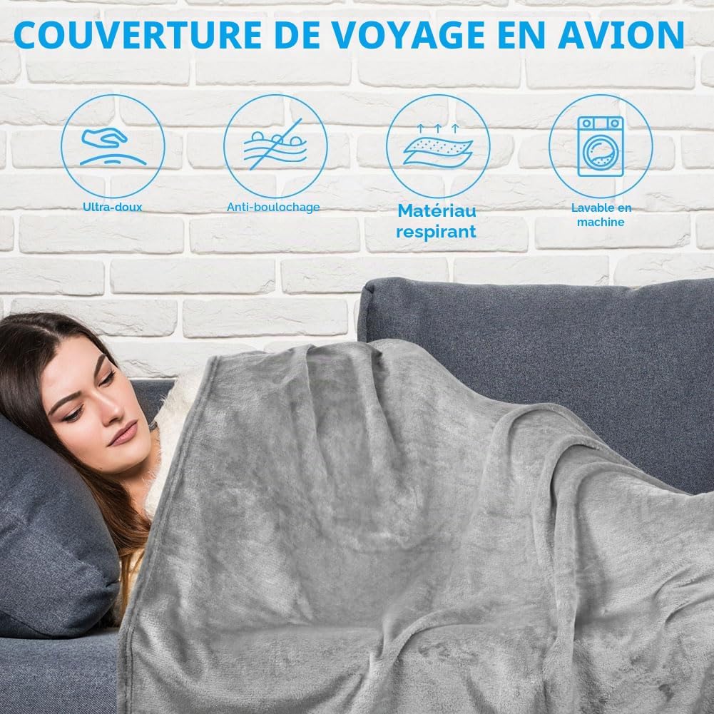 Thumbnail 3 de flintronic Couverture de Voyage Avion 2 en 1: couverture et oreiller doux et chaud avec masque, bouchons et accessoires — Gris