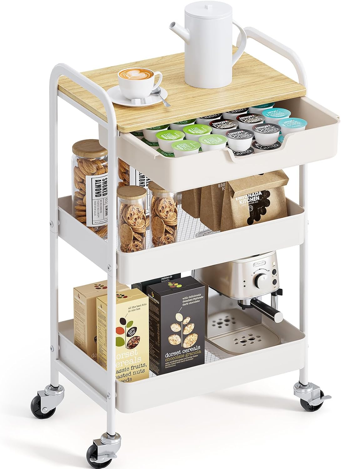 Detalle de KINGRACK Carrello a 3 ripiani con cassetti beige