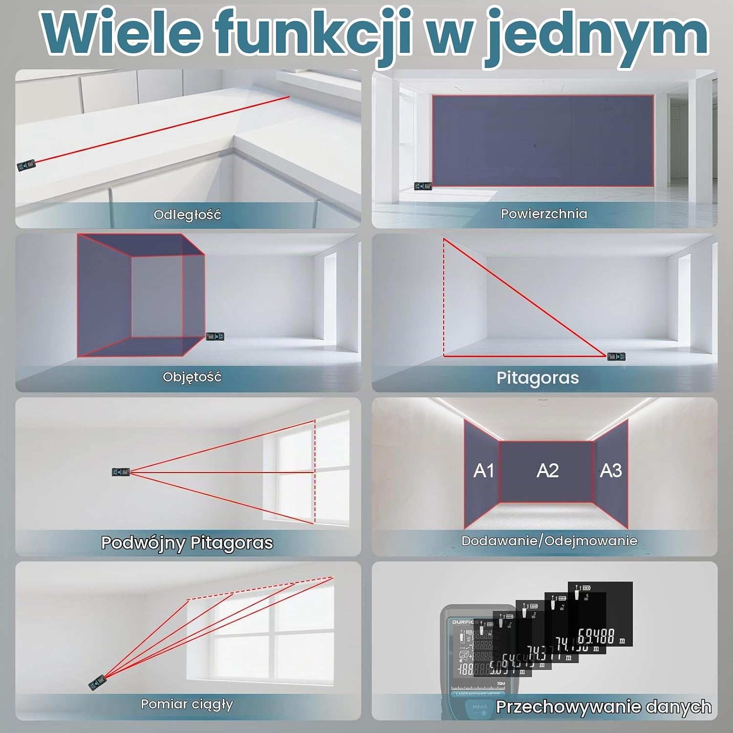 Detalle de DURFICST HTK01 zestaw do kontroli domu: miernik wilgotności, dalmierz 70 m i tester RCD